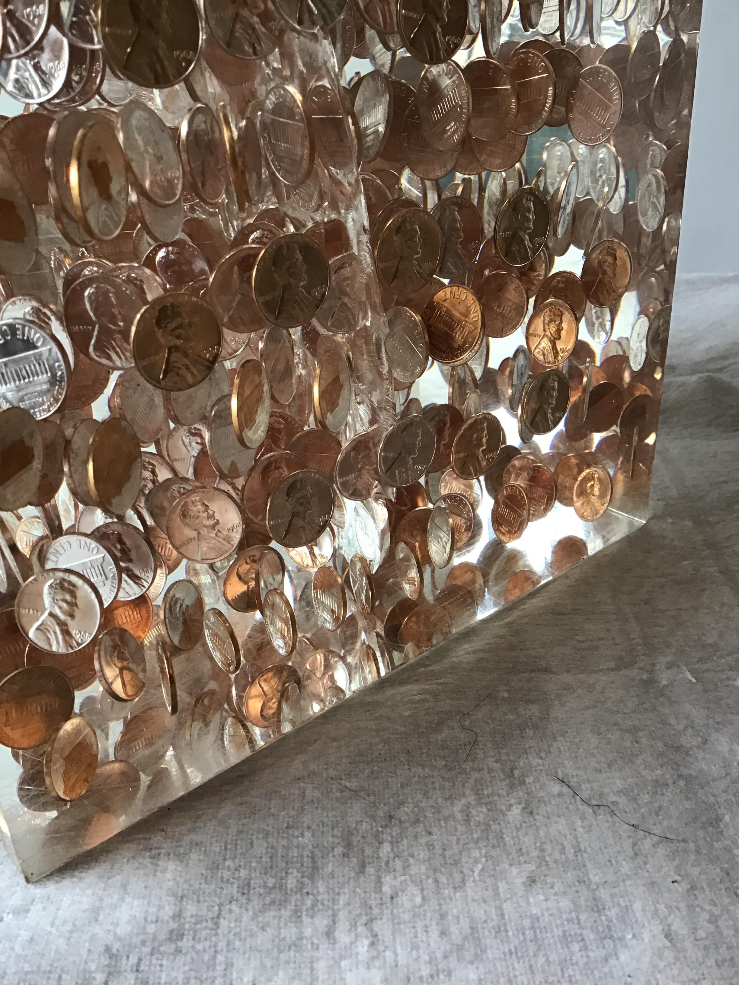 Large Lucite Cube of 1968 Pennies In Good Condition In Tarrytown, NY