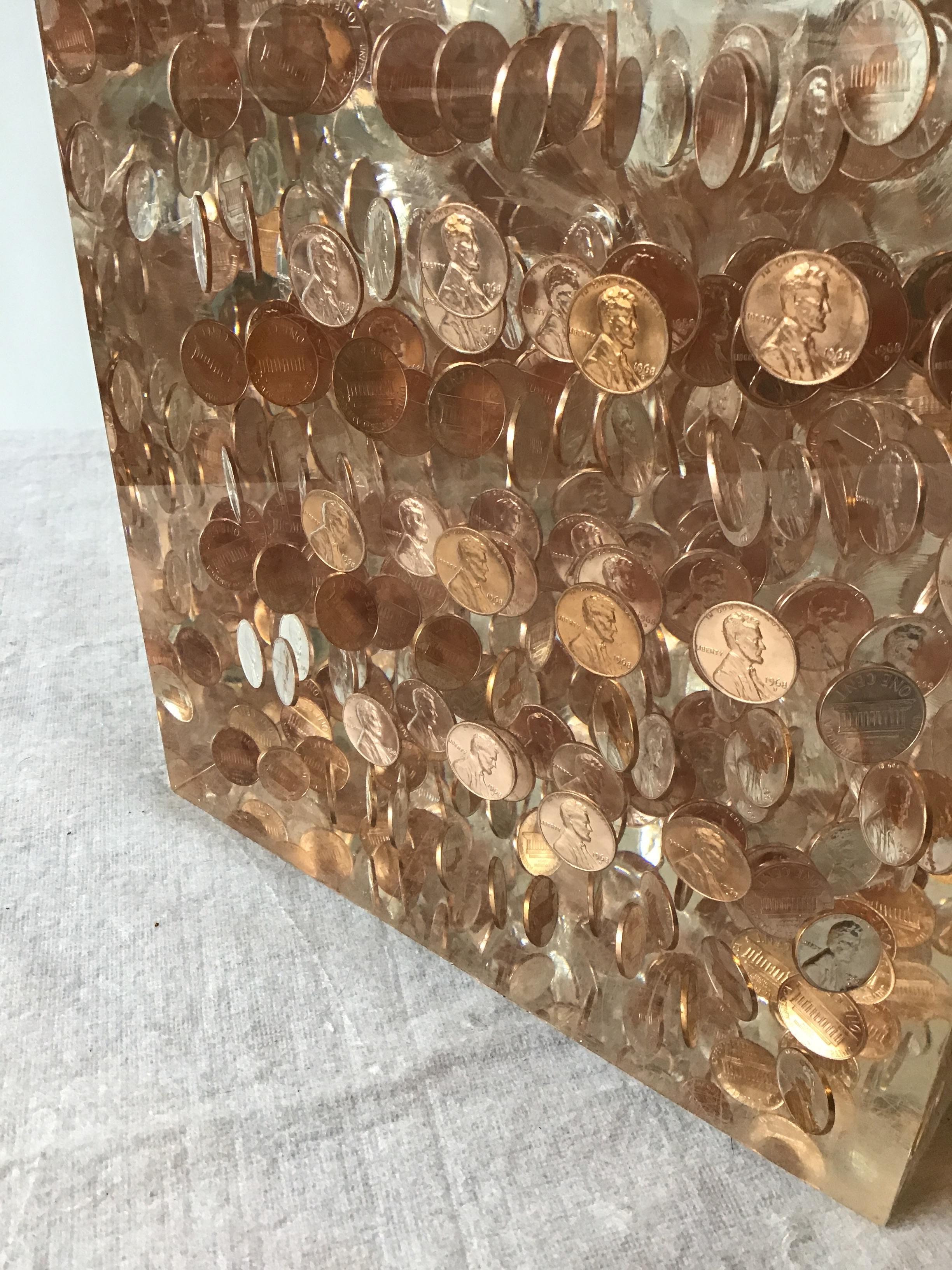 Late 20th Century Large Lucite Cube of 1968 Pennies