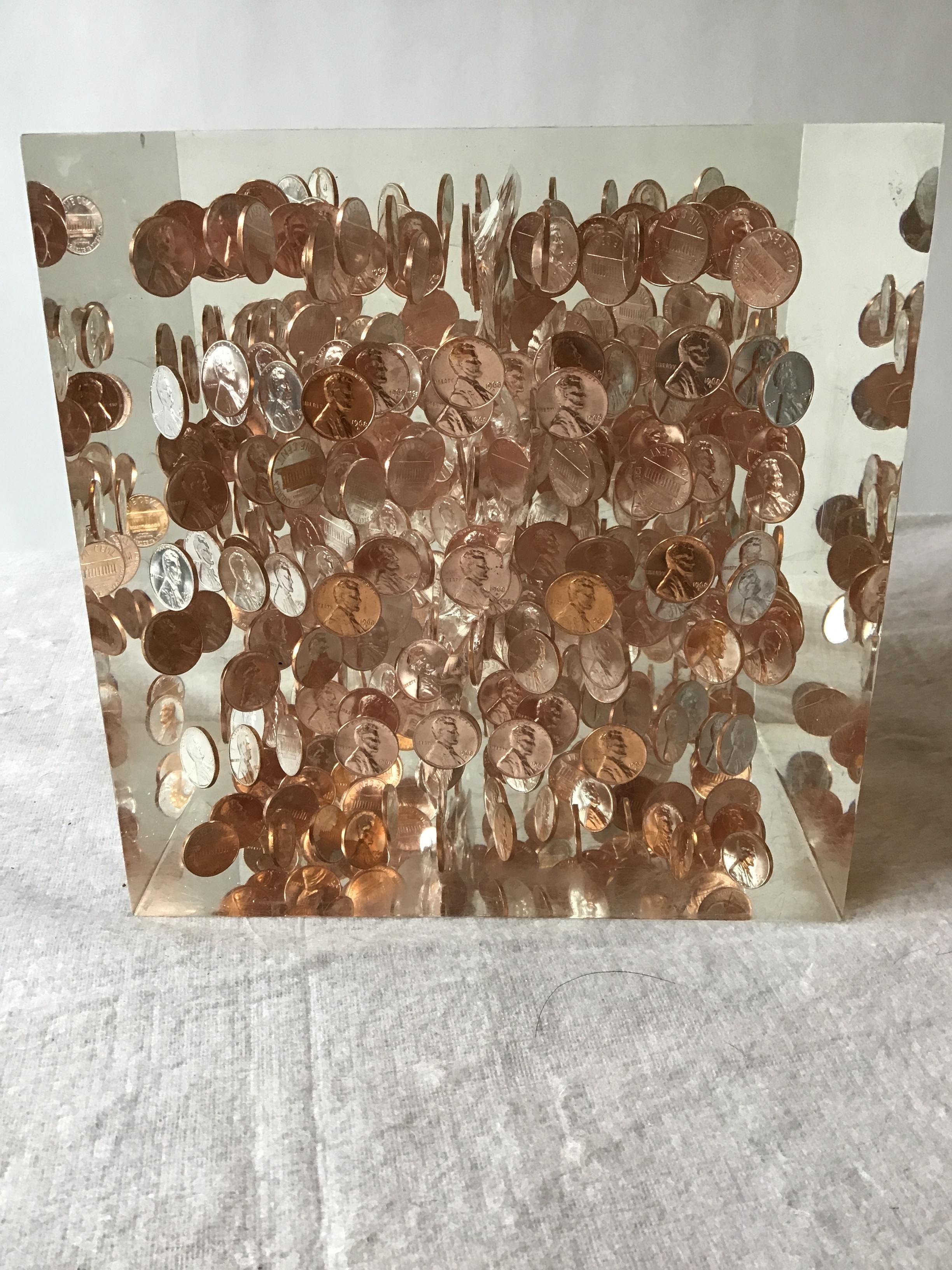 Large Lucite Cube of 1968 Pennies 1