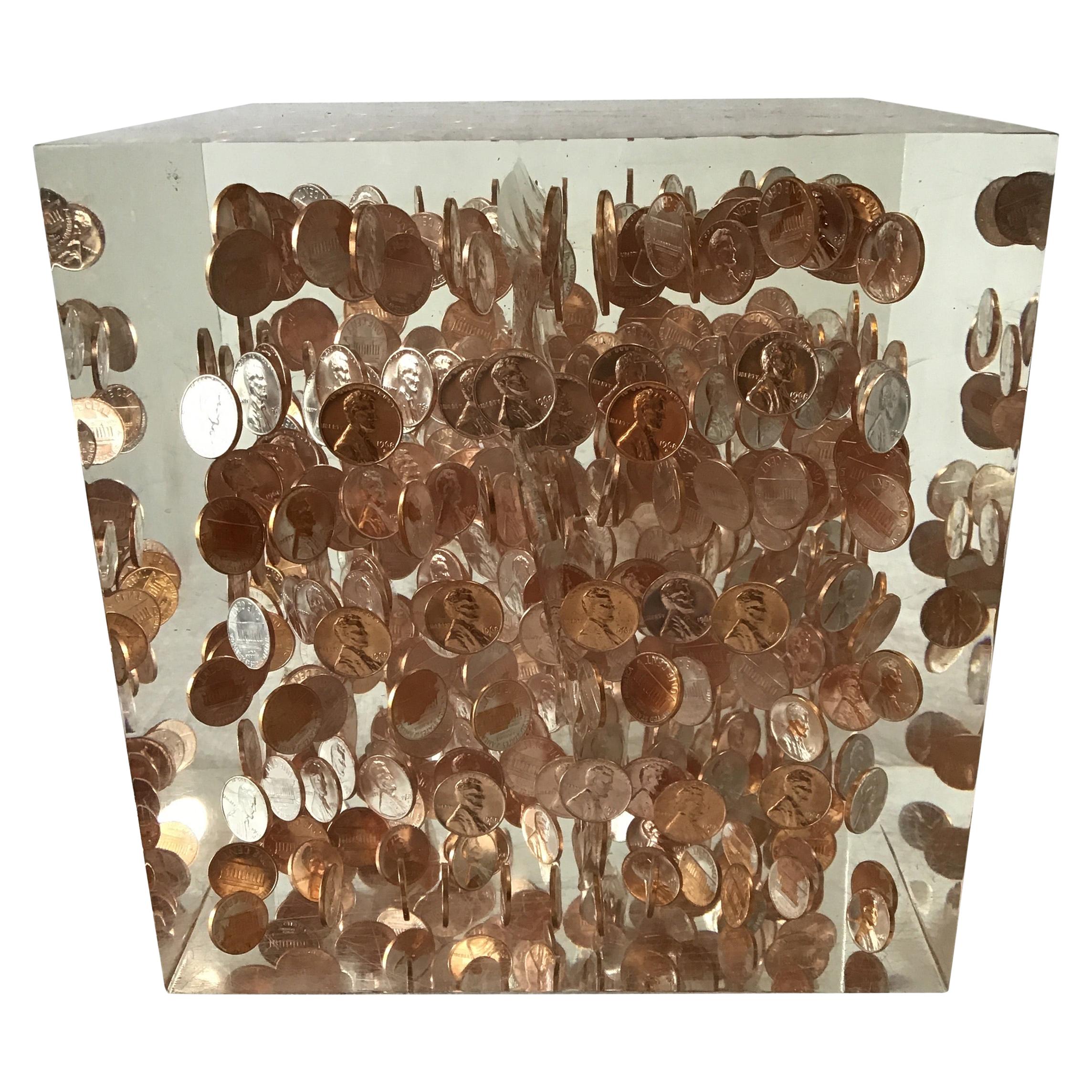Large Lucite Cube of 1968 Pennies