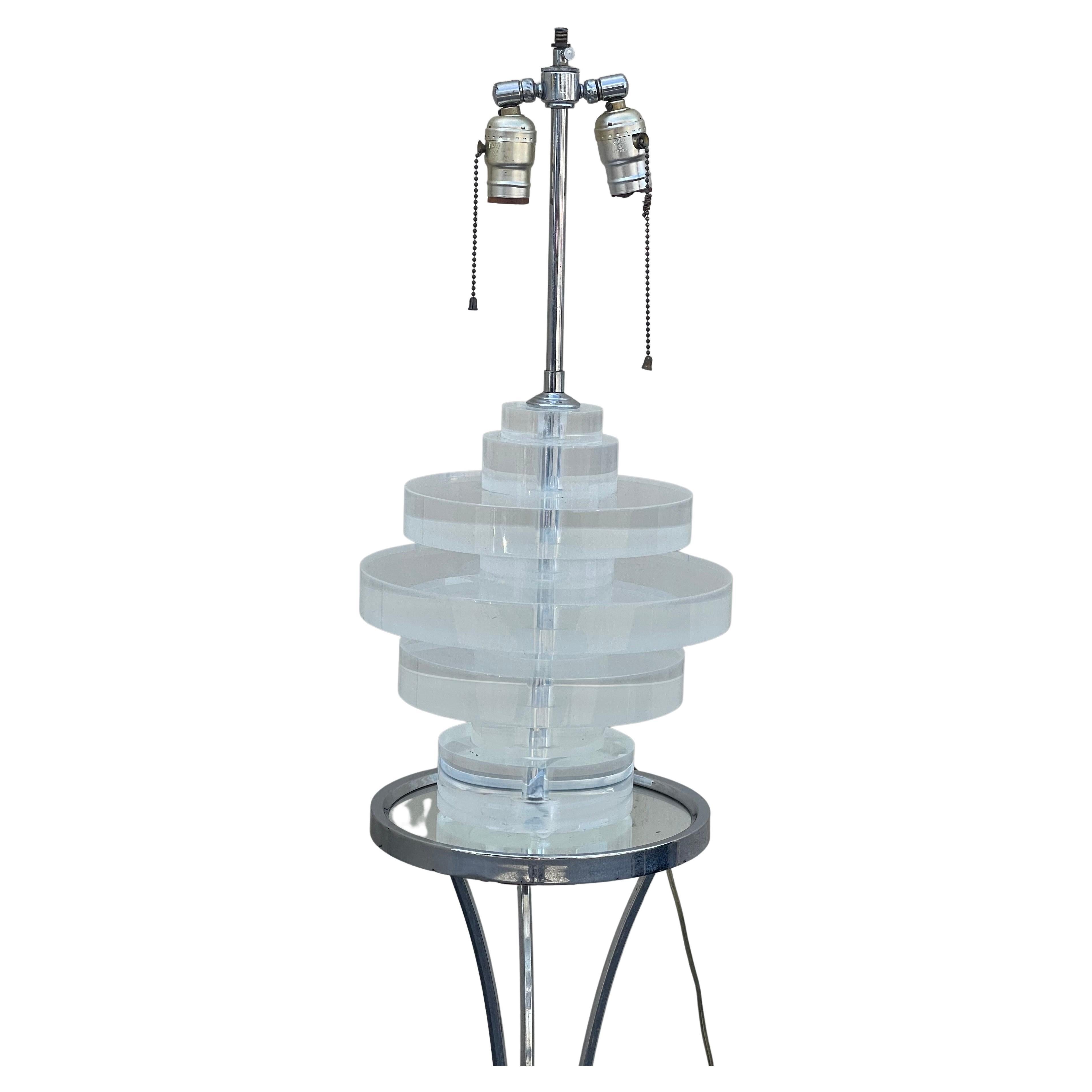 Mid-Century Modern Large Lucite Disk Table Lamp in the Style of Karl Springer For Sale