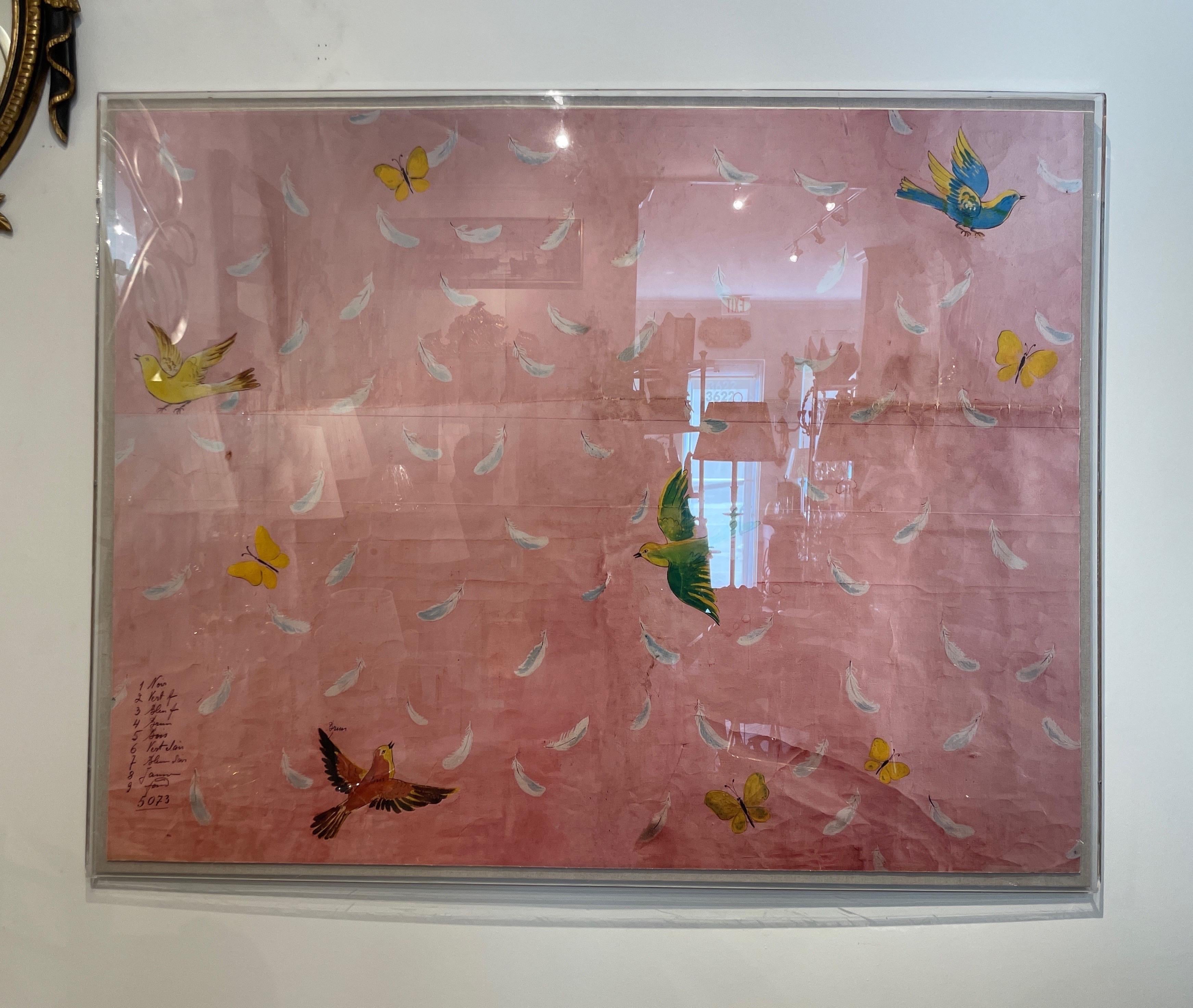 French Large Lucite Shadow Box with Print Featuring Birds, Butterflies & Feathers