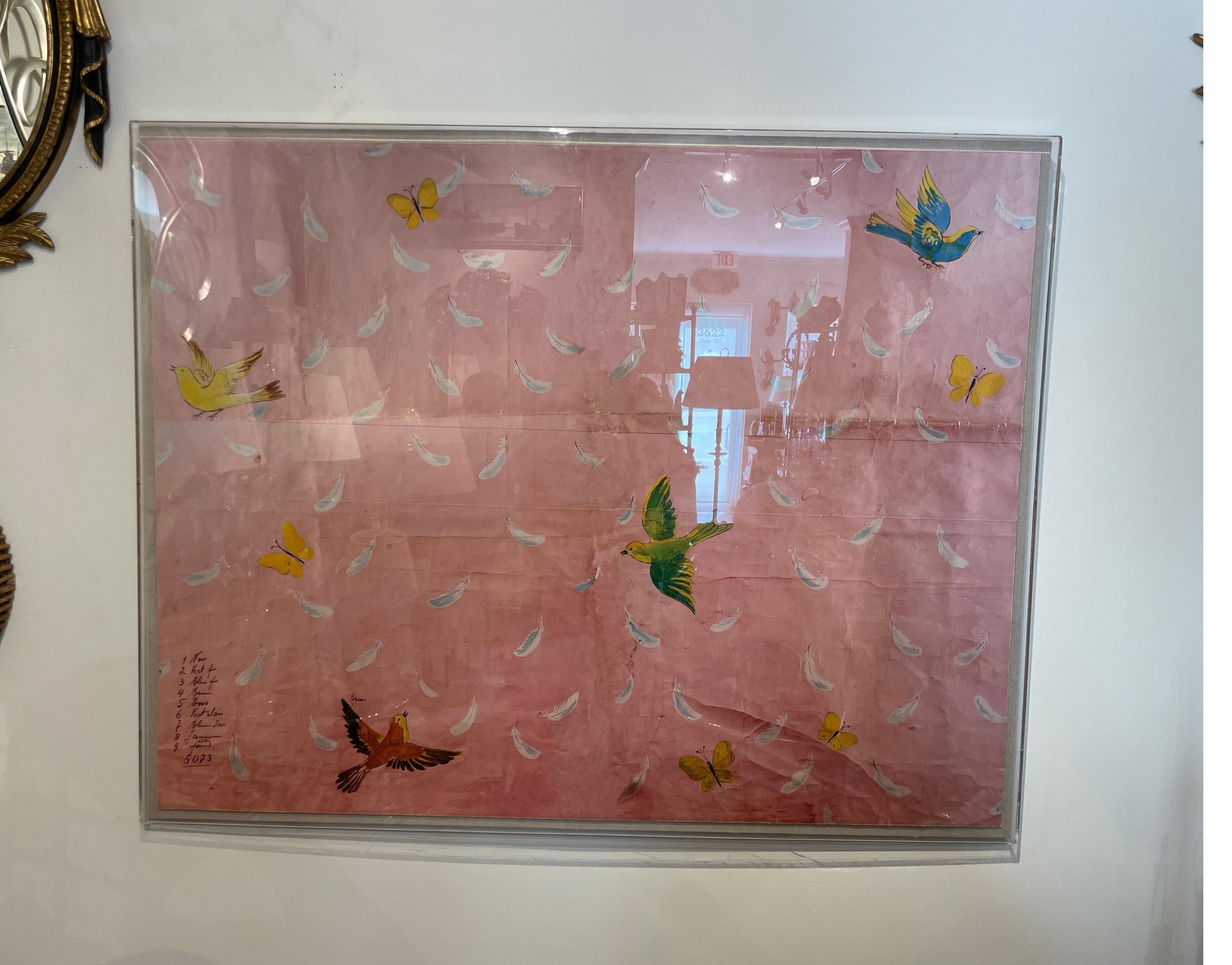 Large Lucite Shadow Box with Print Featuring Birds, Butterflies & Feathers In Good Condition In West Palm Beach, FL