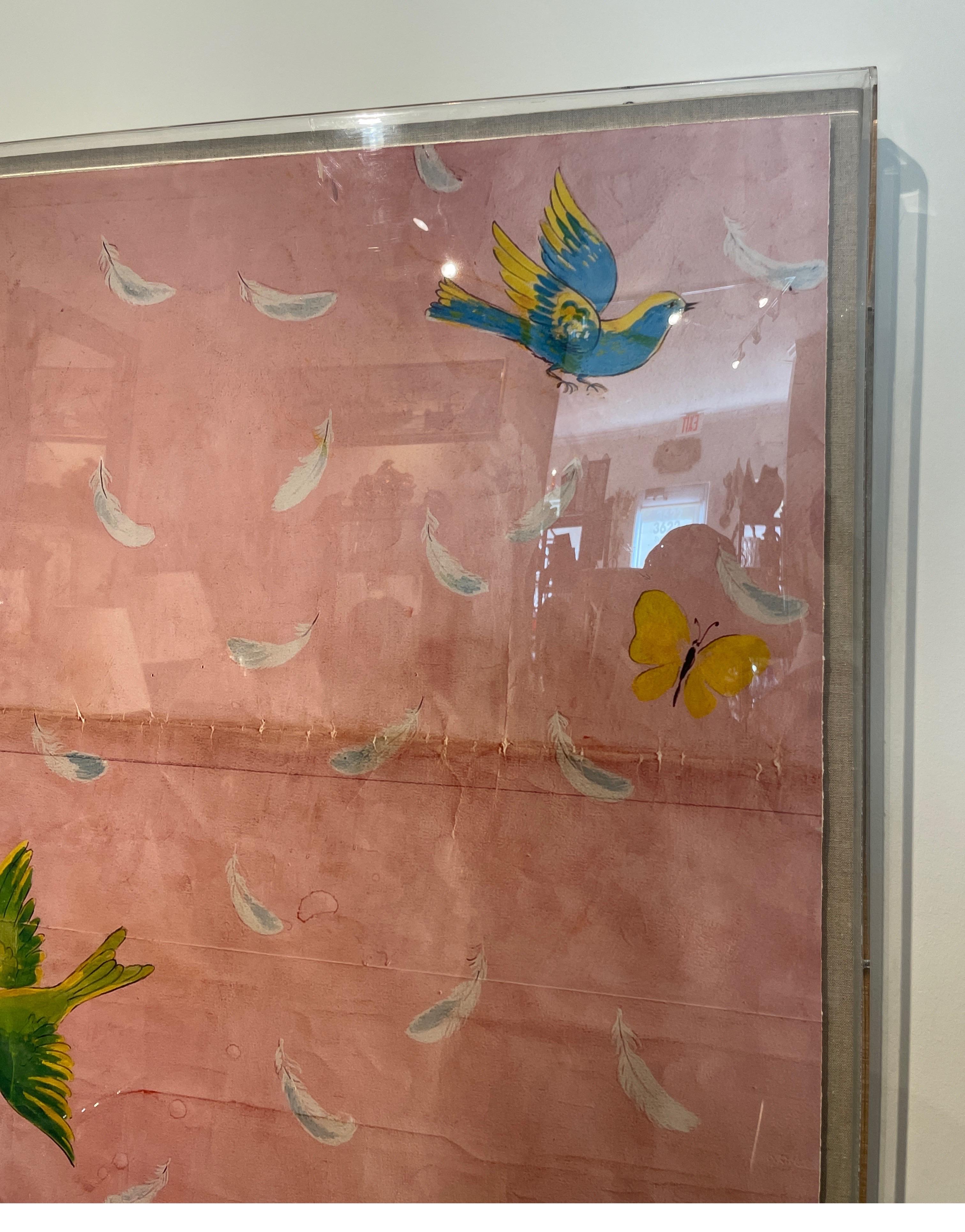 Large Lucite Shadow Box with Print Featuring Birds, Butterflies & Feathers 4