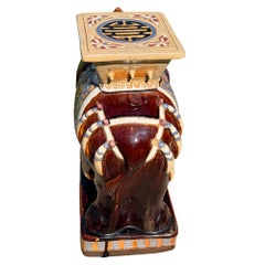 Large Lucky Chinoiserie Elephant Plant Stand in Oxblood and Polychrome Glaze