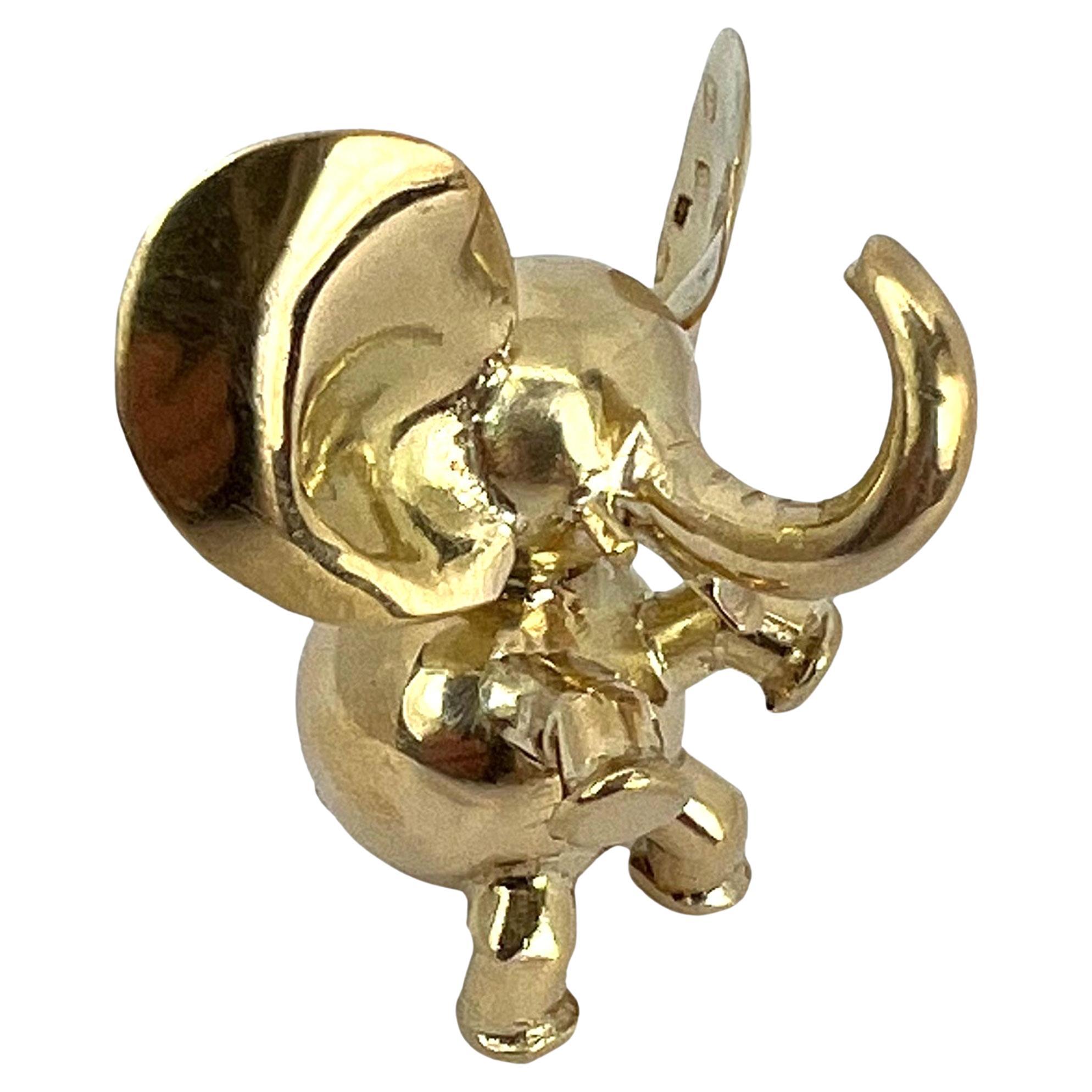 Large Lucky Elephant 14K Yellow Gold Charm Pendant For Sale