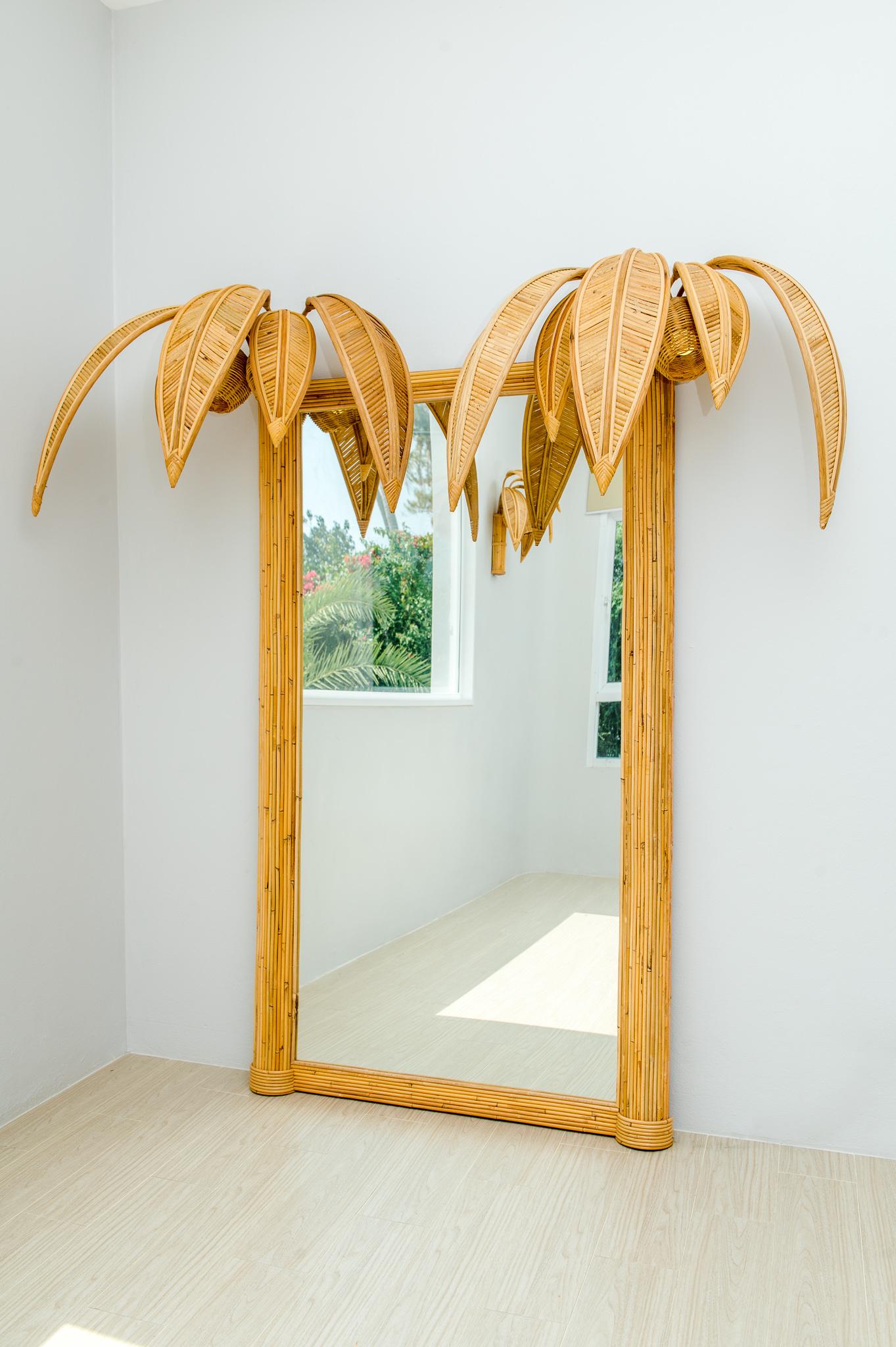 Contemporary Large Lumious Rattan Double Coconut Tree / Palm Tree Mirror