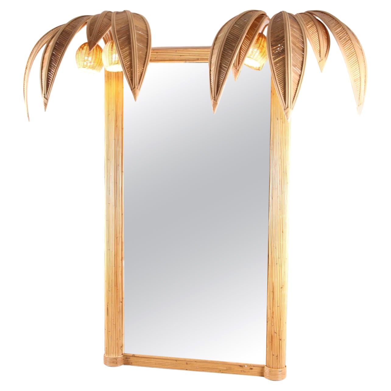 Grand miroir lumineux en rotin double coconut Tree / palmier en vente