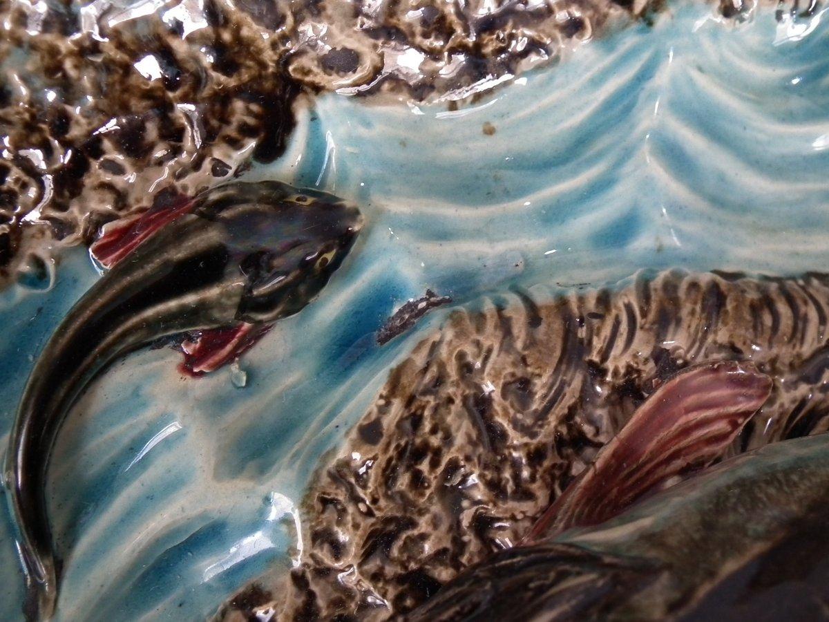 Plato grande de pescado de mayólica Luneville Palissy en venta 1