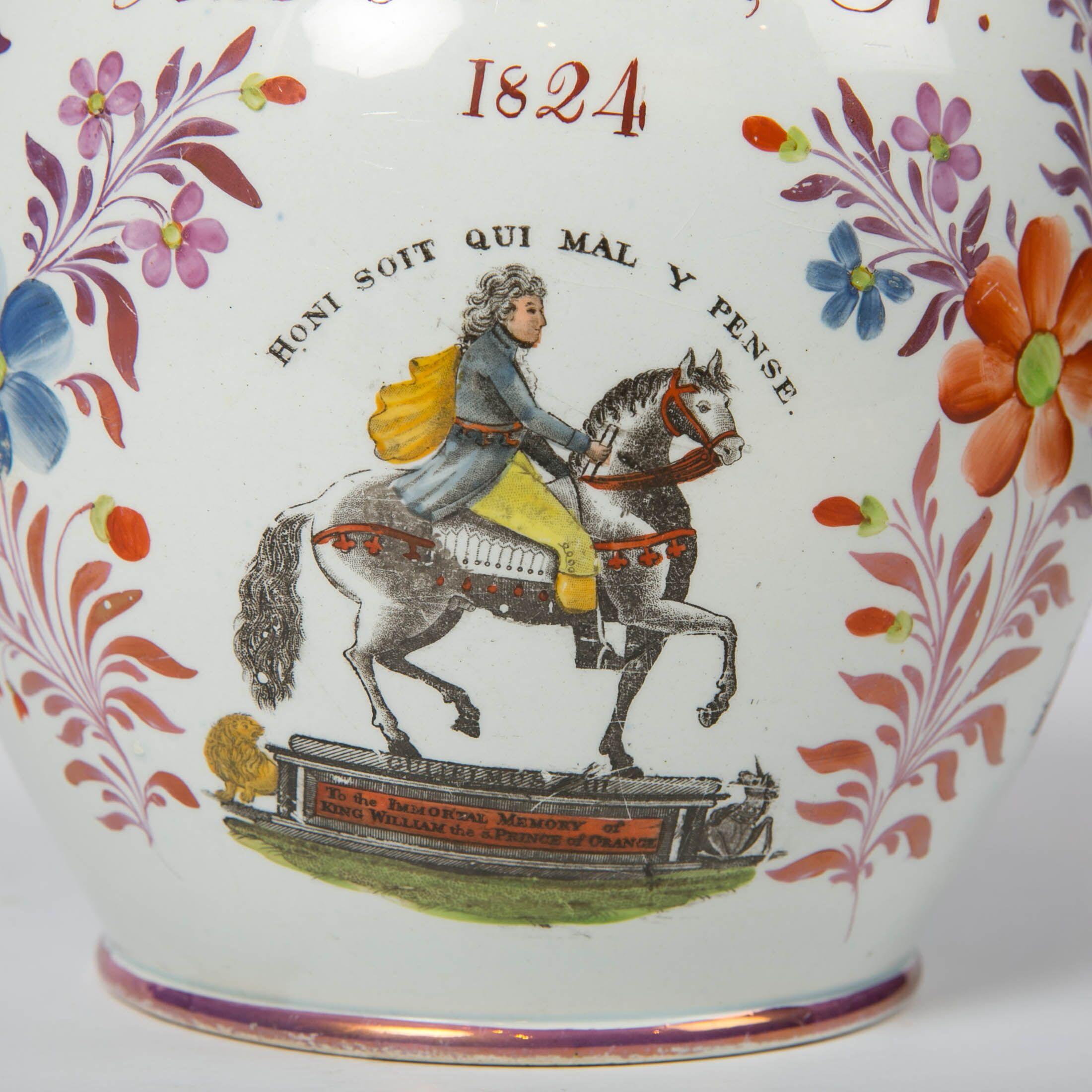 This Sunderland lustre jug or pitcher is that rare piece of English pottery that is a piece of British history. It is dated 1824. It has historical value relating to the British empire and freemasonry. 1824 was during the reign of King George IV of