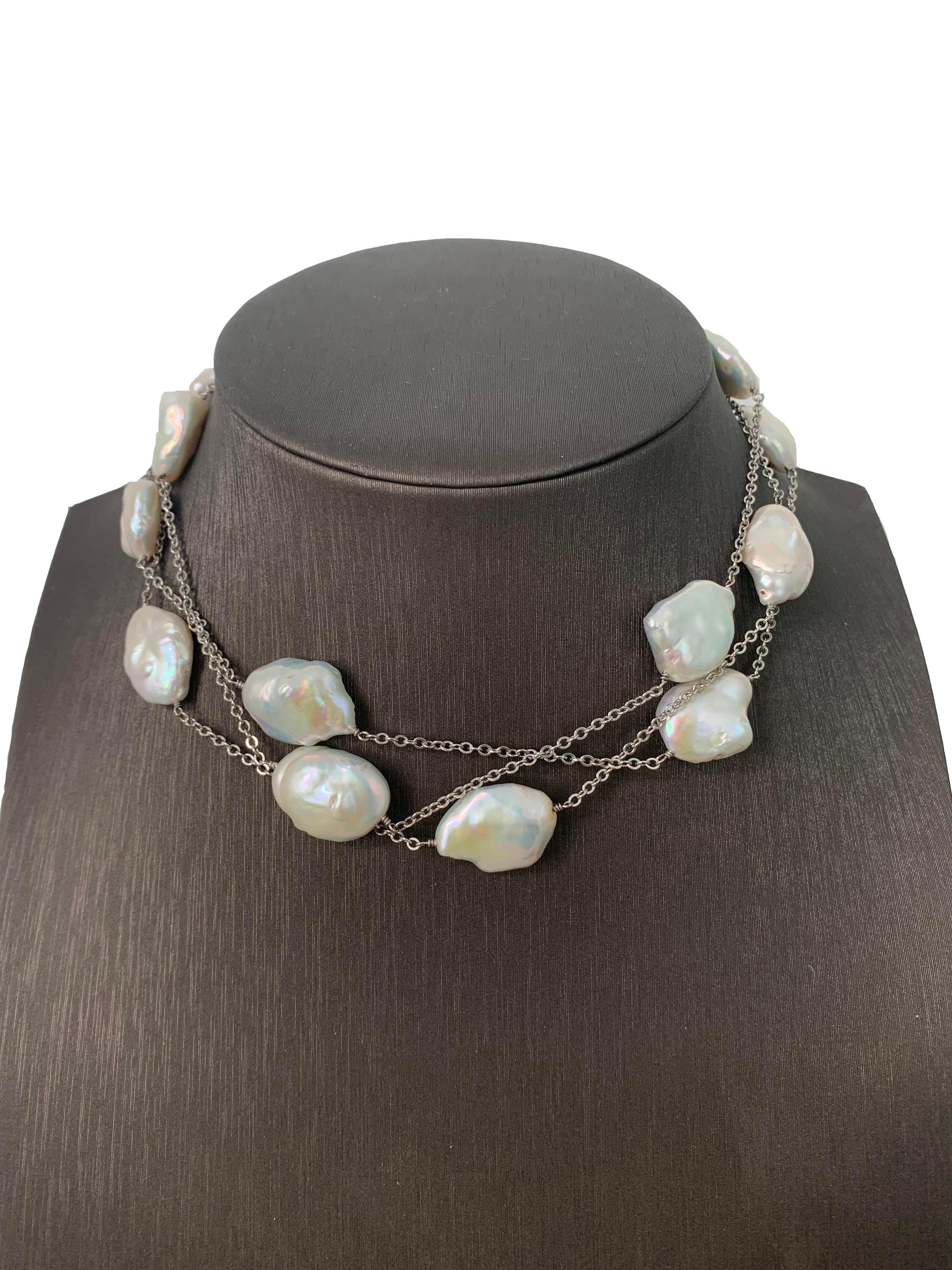 Modern Large lustrous Keishi Pearl Station Necklace 50