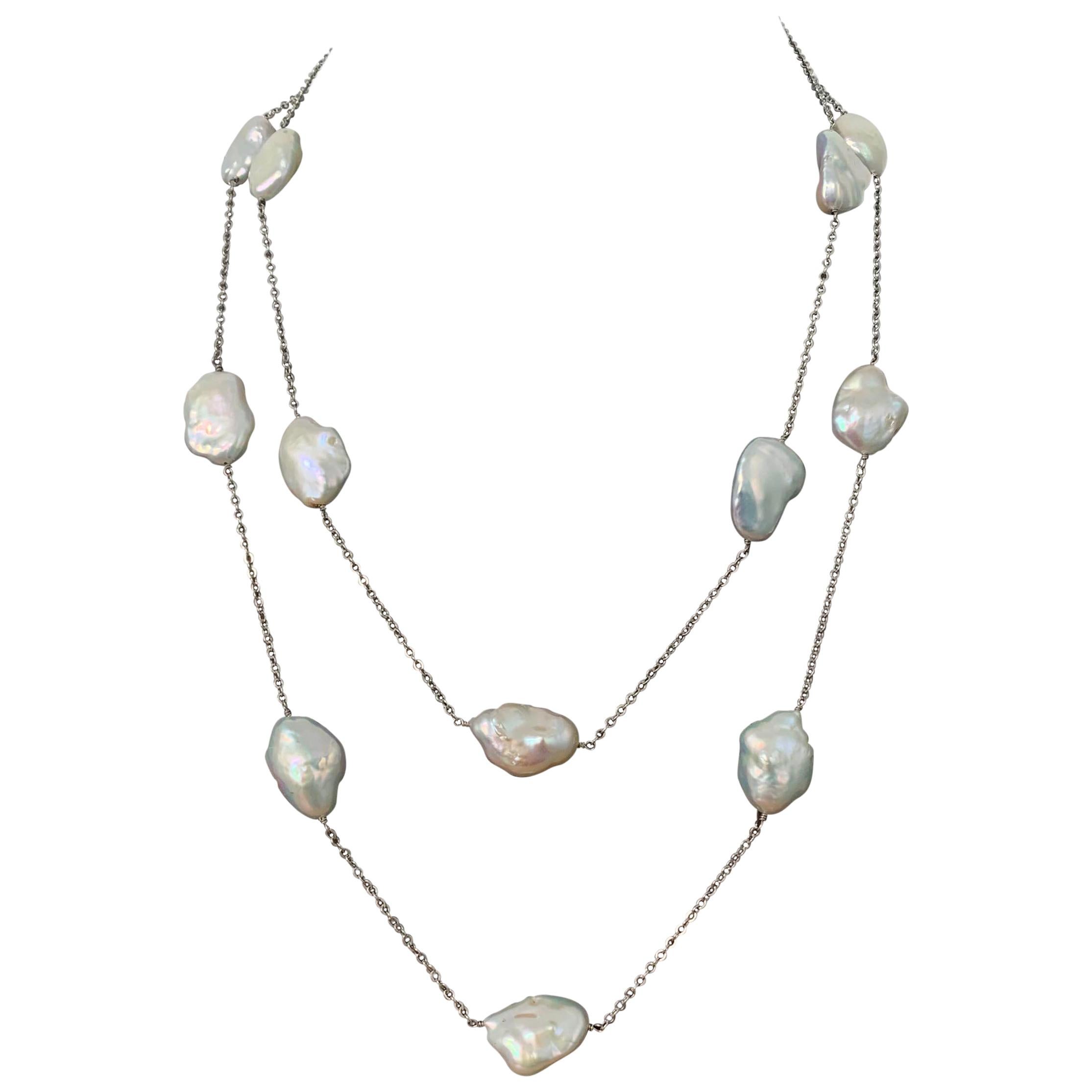 Large lustrous Keishi Pearl Station Necklace 50"