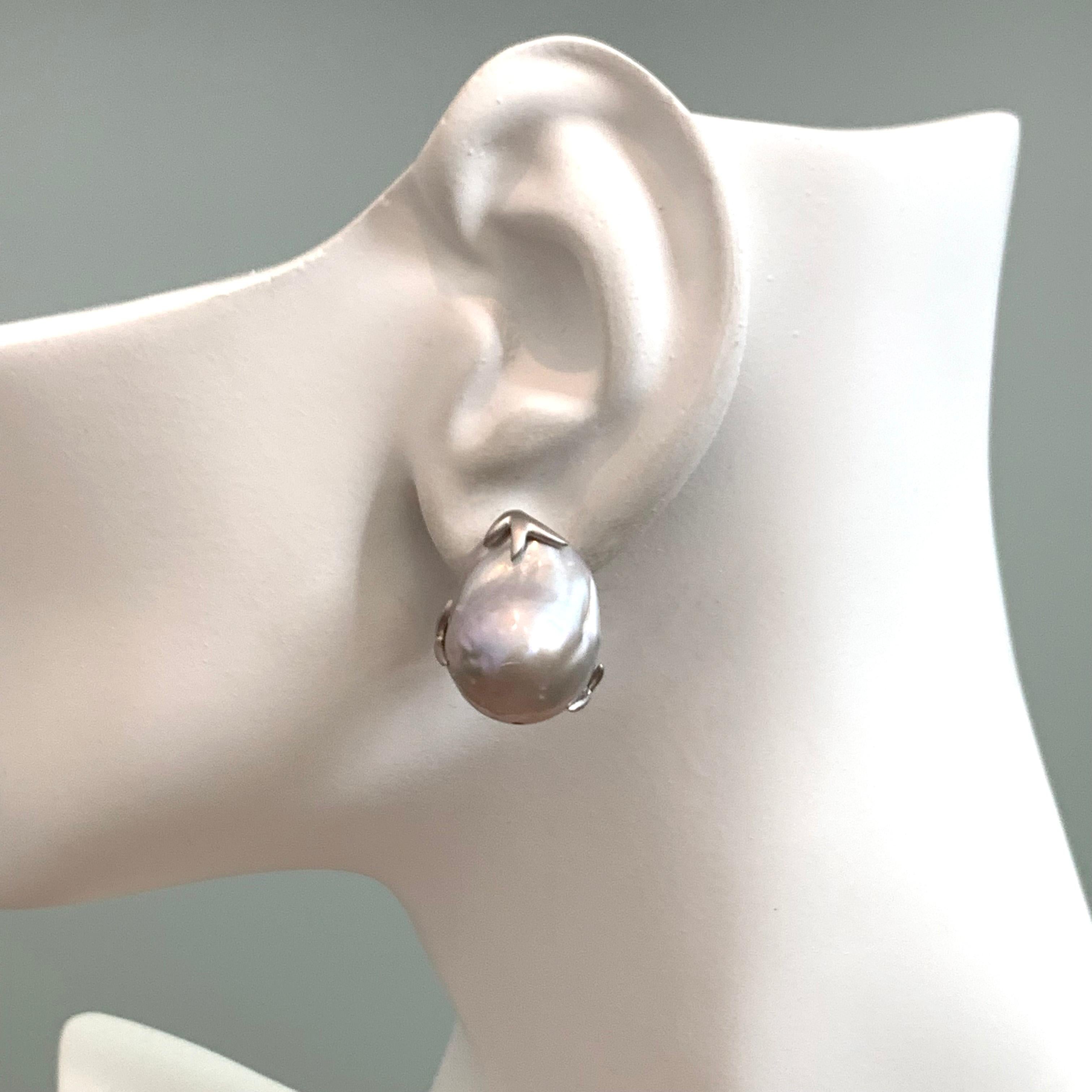 Modern Large Lustrous pair of 15mm Grey Cultured Baroque Pearl Earrings