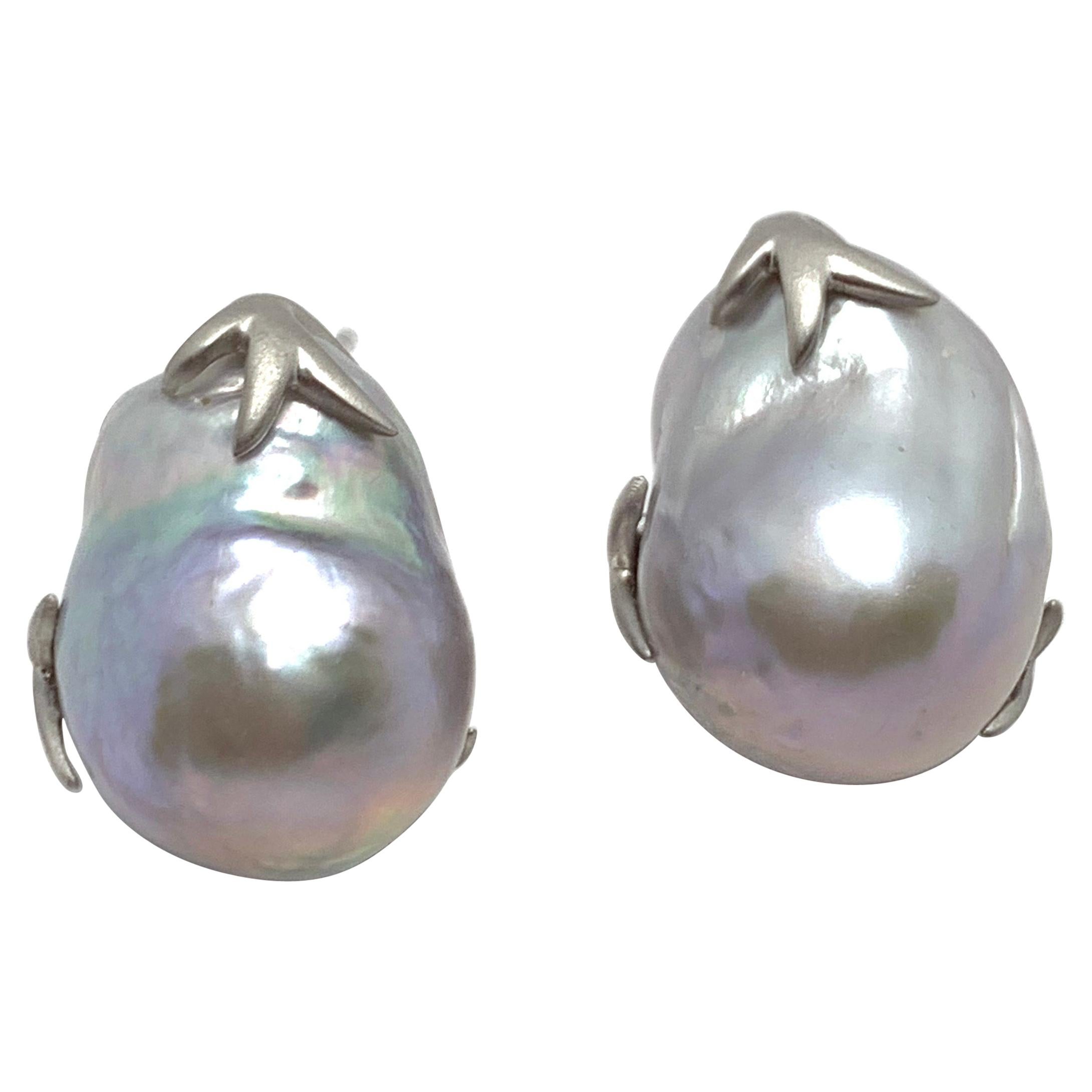 Large Lustrous pair of 15mm Grey Cultured Baroque Pearl Earrings