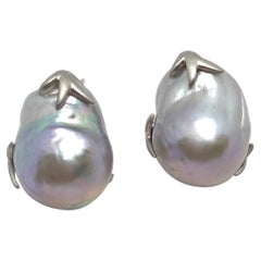 Large Lustrous pair of 15mm Grey Cultured Baroque Pearl Earrings