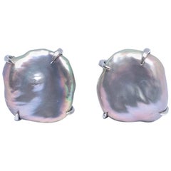 Large Lustrous pair of 15mm Grey Keishi Pearl Earrings