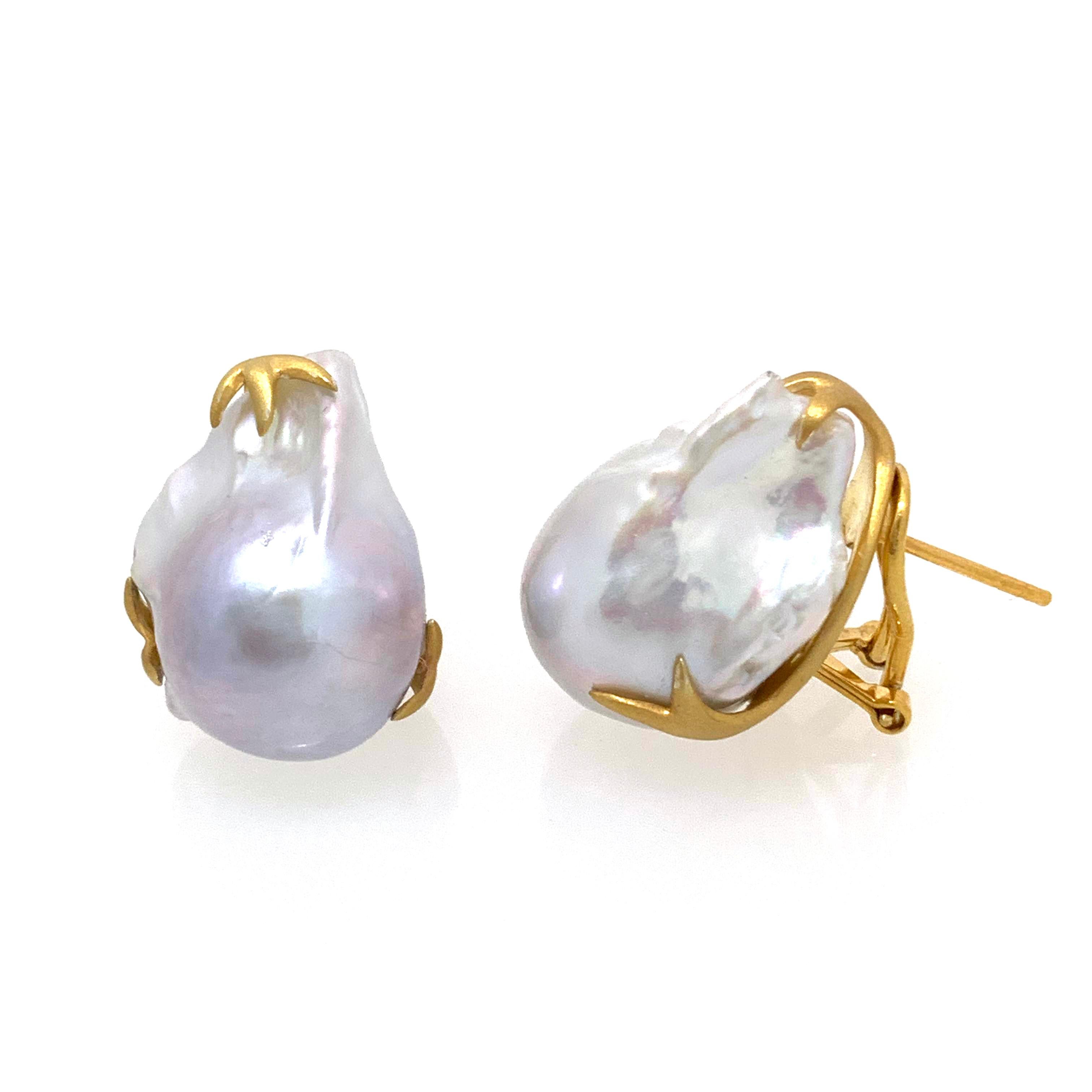 Beautiful pair of large lustrous freshwater baroque pearl earrings. The pair measures 16mm width and 22mm height, handset in vermeil 18k gold-plated sterling silver (matte finish). Post-clip backs provide addition support and allow the earrings to
