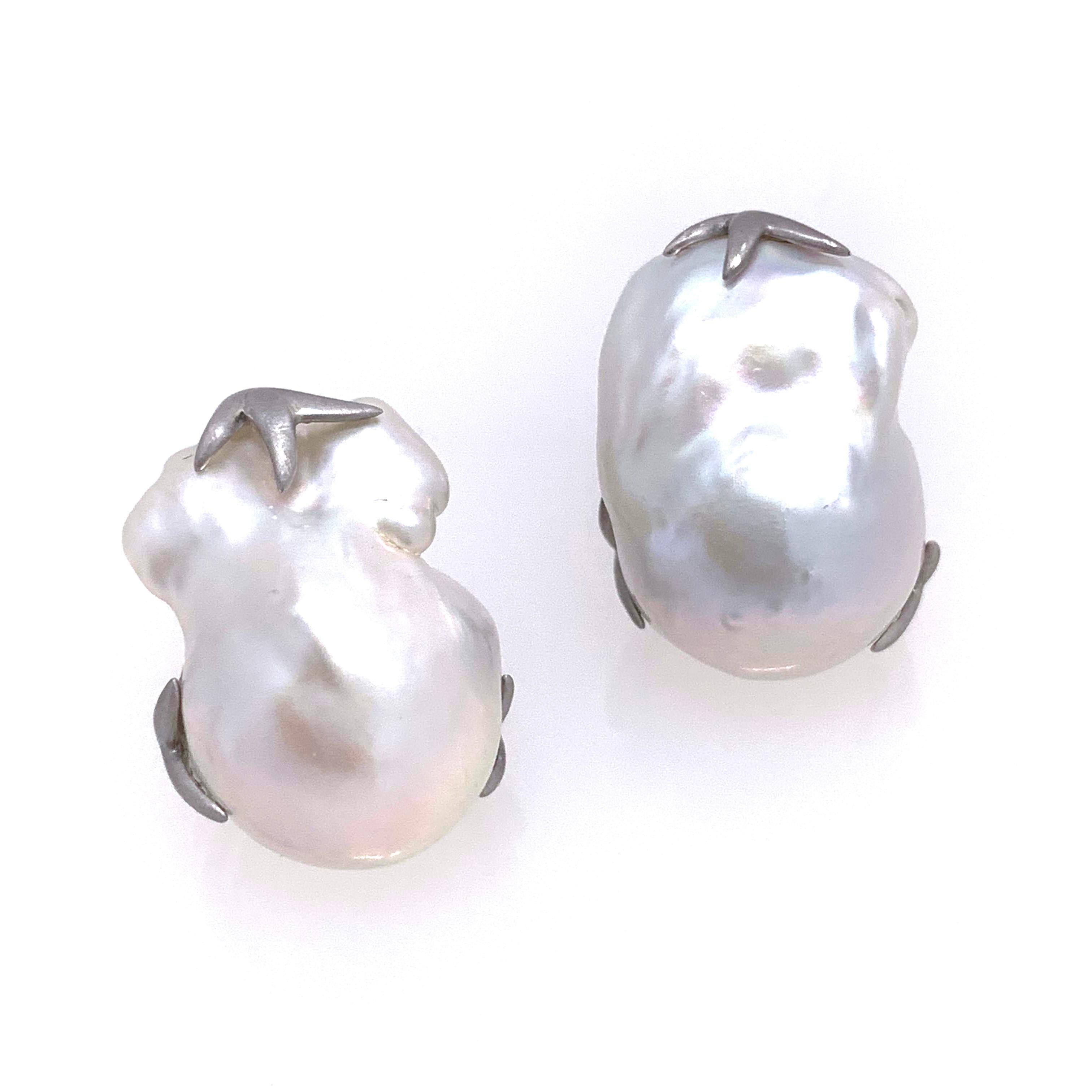 Modern Large Lustrous pair of 16mm Cultured Baroque Pearl Earrings