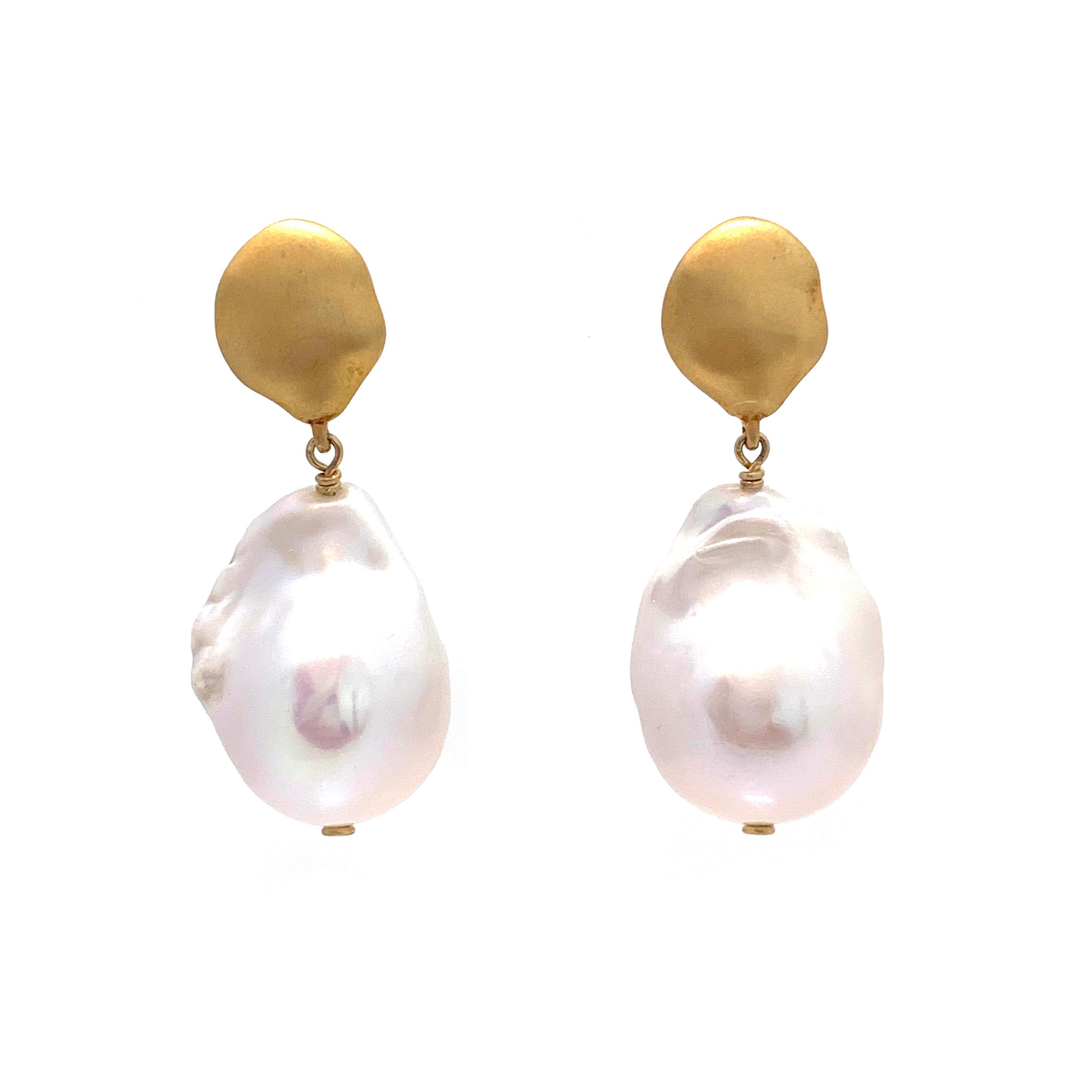 Beautiful pair of large lustrous freshwater baroque pearl drop earrings. The pearls measure 18mm width and 25mm height. Top part is in-house designed 18k gold vermeil sterling silver nugget (matte finish) - straight post with large friction back.