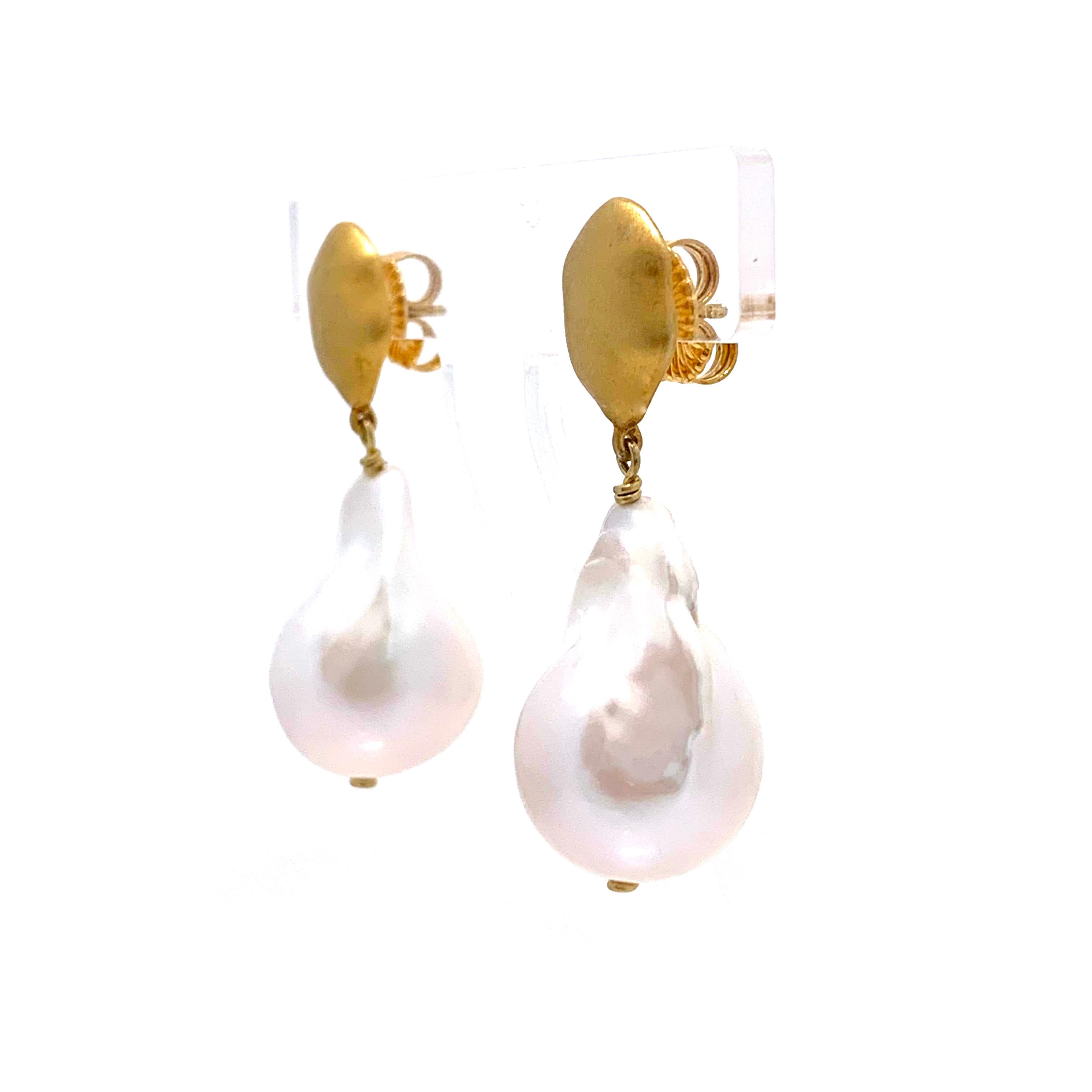 Modern Large Lustrous pair of 18mm Cultured Baroque Pearl Drop Earrings