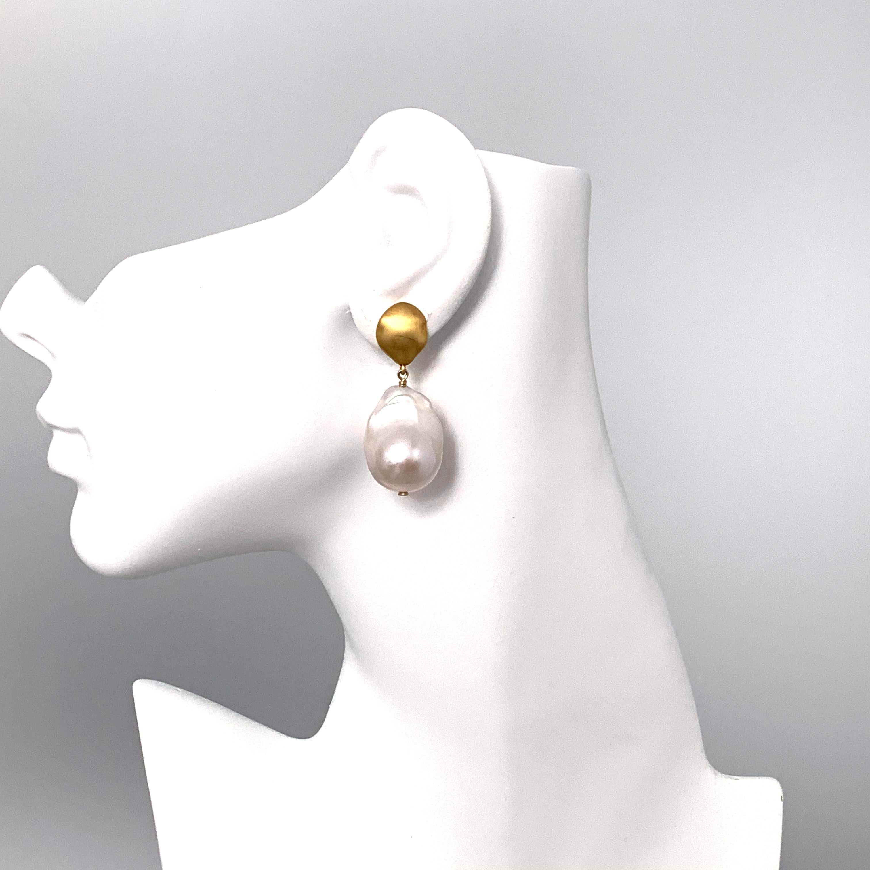 Uncut Large Lustrous pair of 18mm Cultured Baroque Pearl Drop Earrings