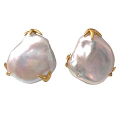 Large Lustrous pair of Keishi Pearl Button Earrings