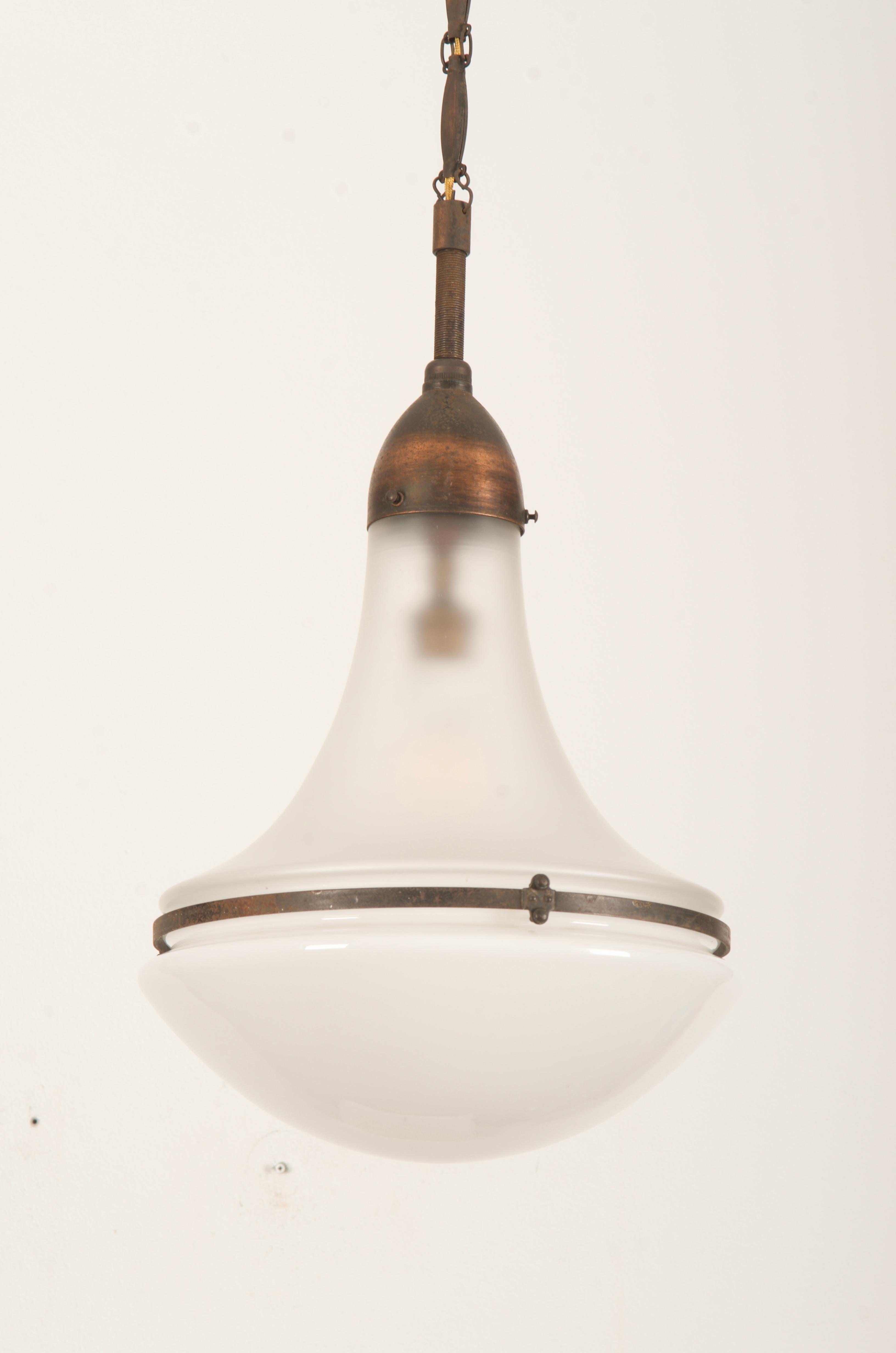 Peter Behrens Luzette pendant lamp from 1910-1920, frame in old copper and opaline/satined glass.
Beautiful and perfect original condition with E27 Socket. 
Up to 2 pieces available.
 