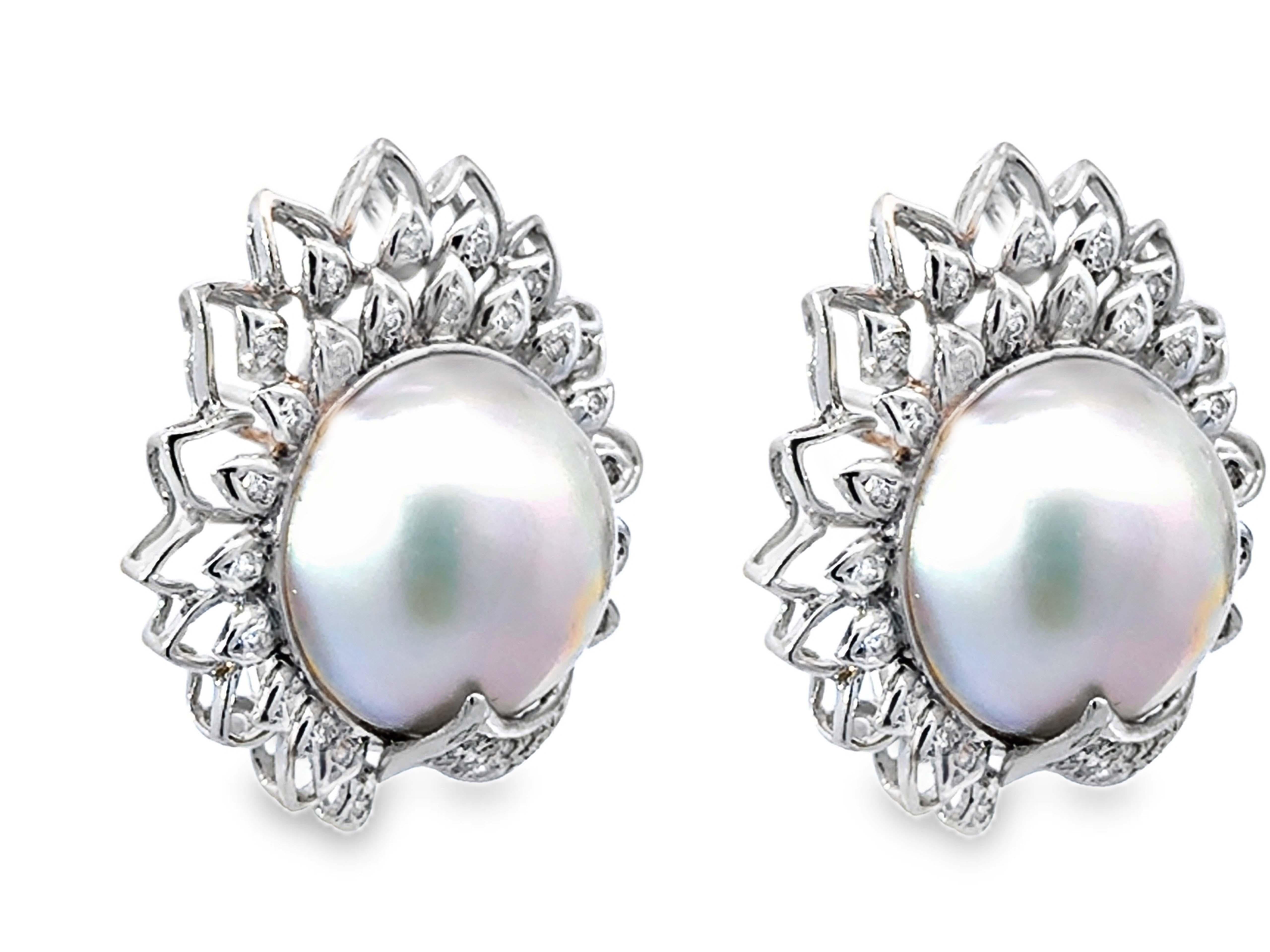 Modern Large Mabe Pearl and Diamond Earrings 14K White Gold For Sale