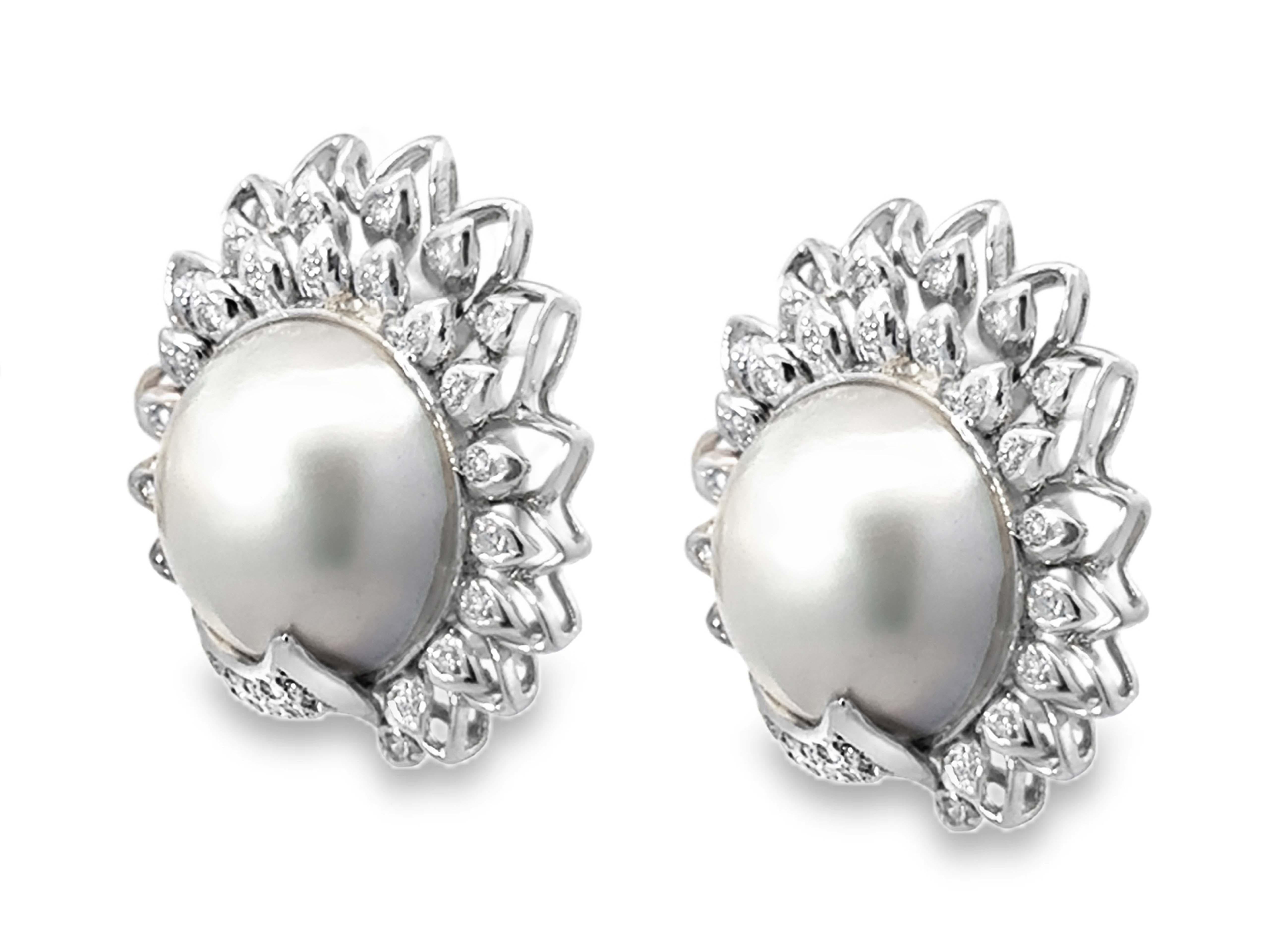 Round Cut Large Mabe Pearl and Diamond Earrings 14K White Gold For Sale