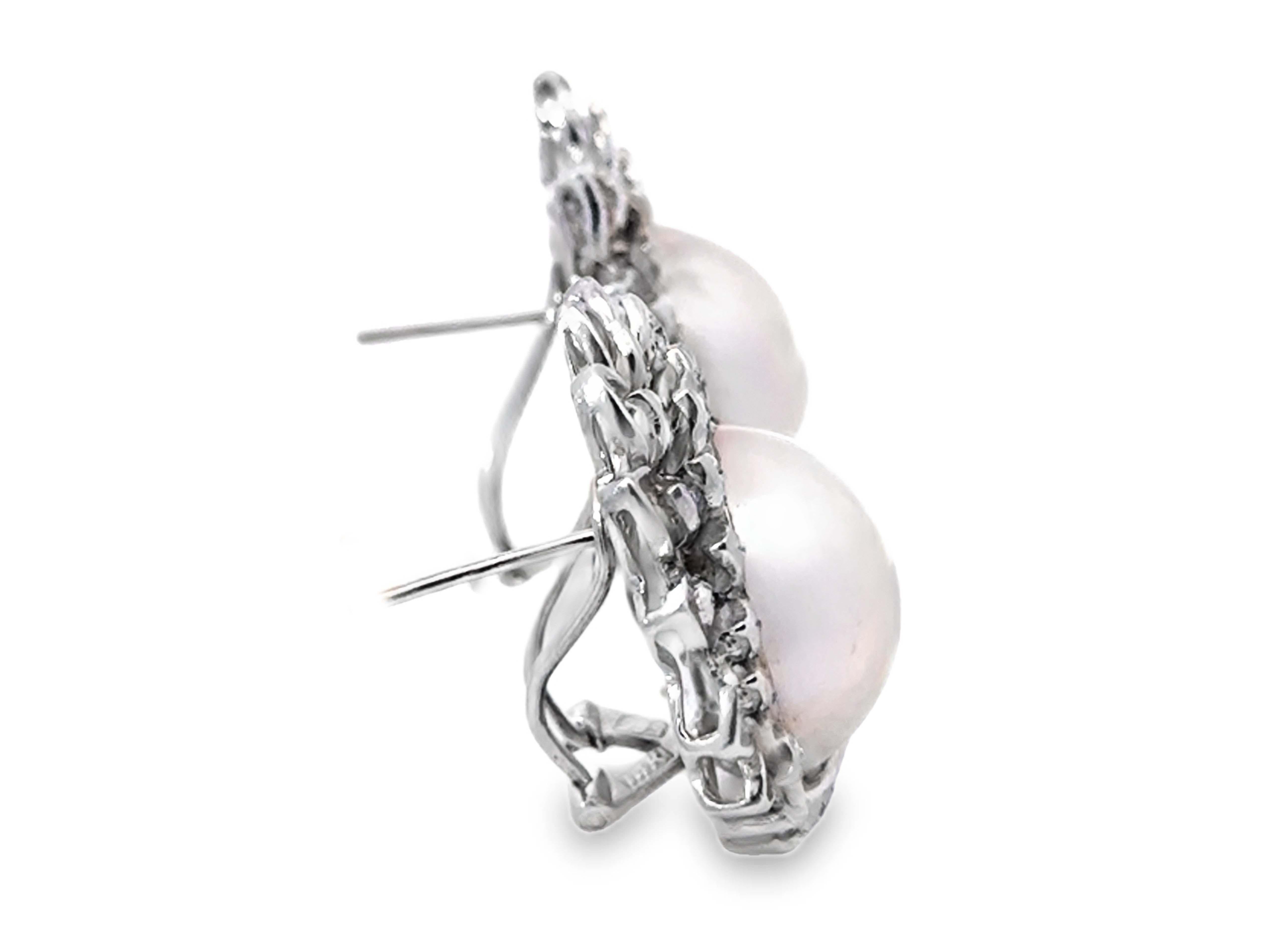 Large Mabe Pearl and Diamond Earrings 14K White Gold In Excellent Condition For Sale In Honolulu, HI