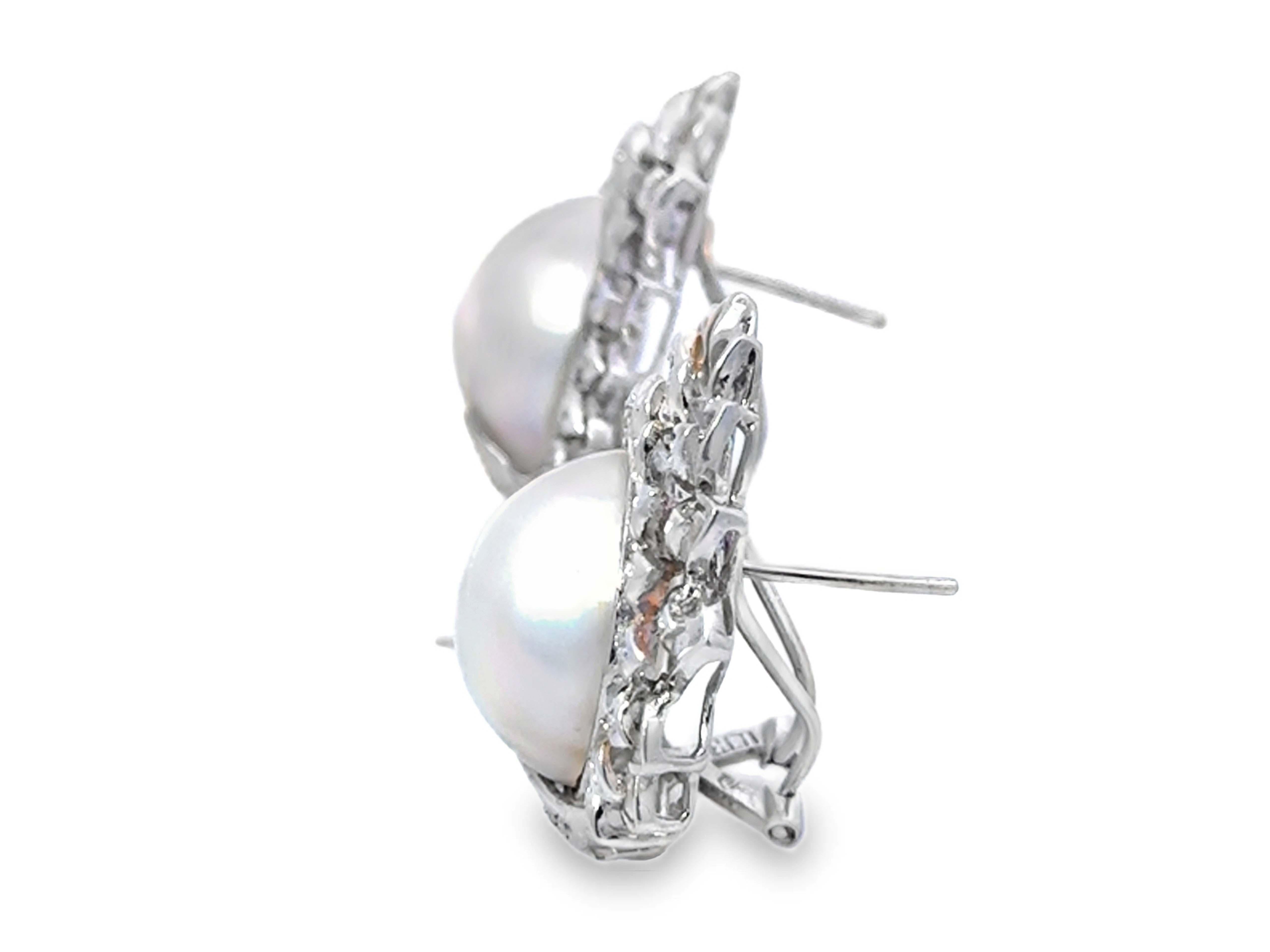 Women's Large Mabe Pearl and Diamond Earrings 14K White Gold For Sale
