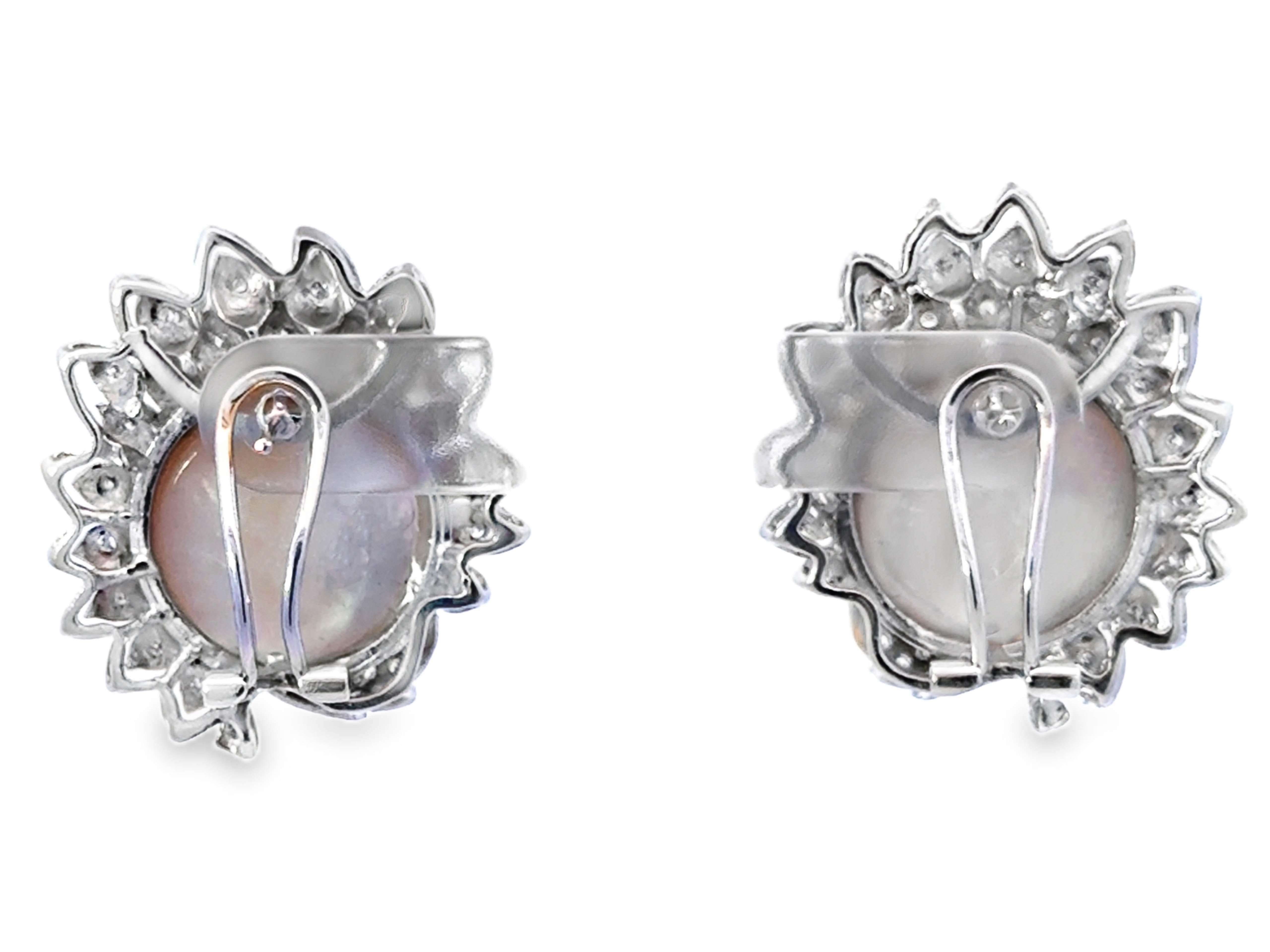 Large Mabe Pearl and Diamond Earrings 14K White Gold For Sale 1