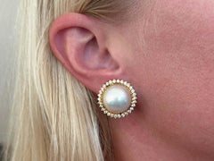 Large Mabe Pearl and Diamond Halo Earrings 18K Yellow Gold