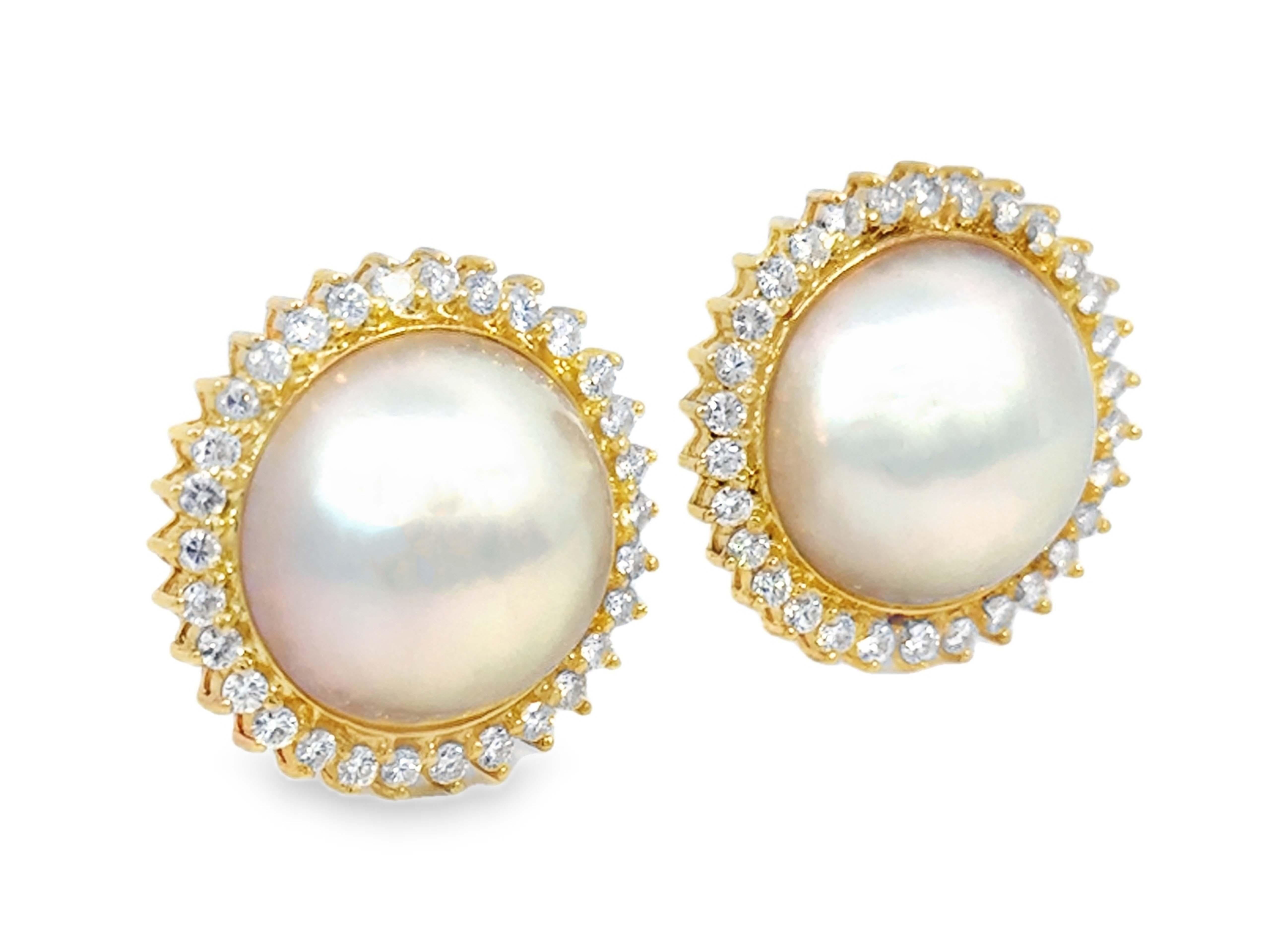Modern Large Mabe Pearl and Diamond Halo Earrings 18K Yellow Gold For Sale