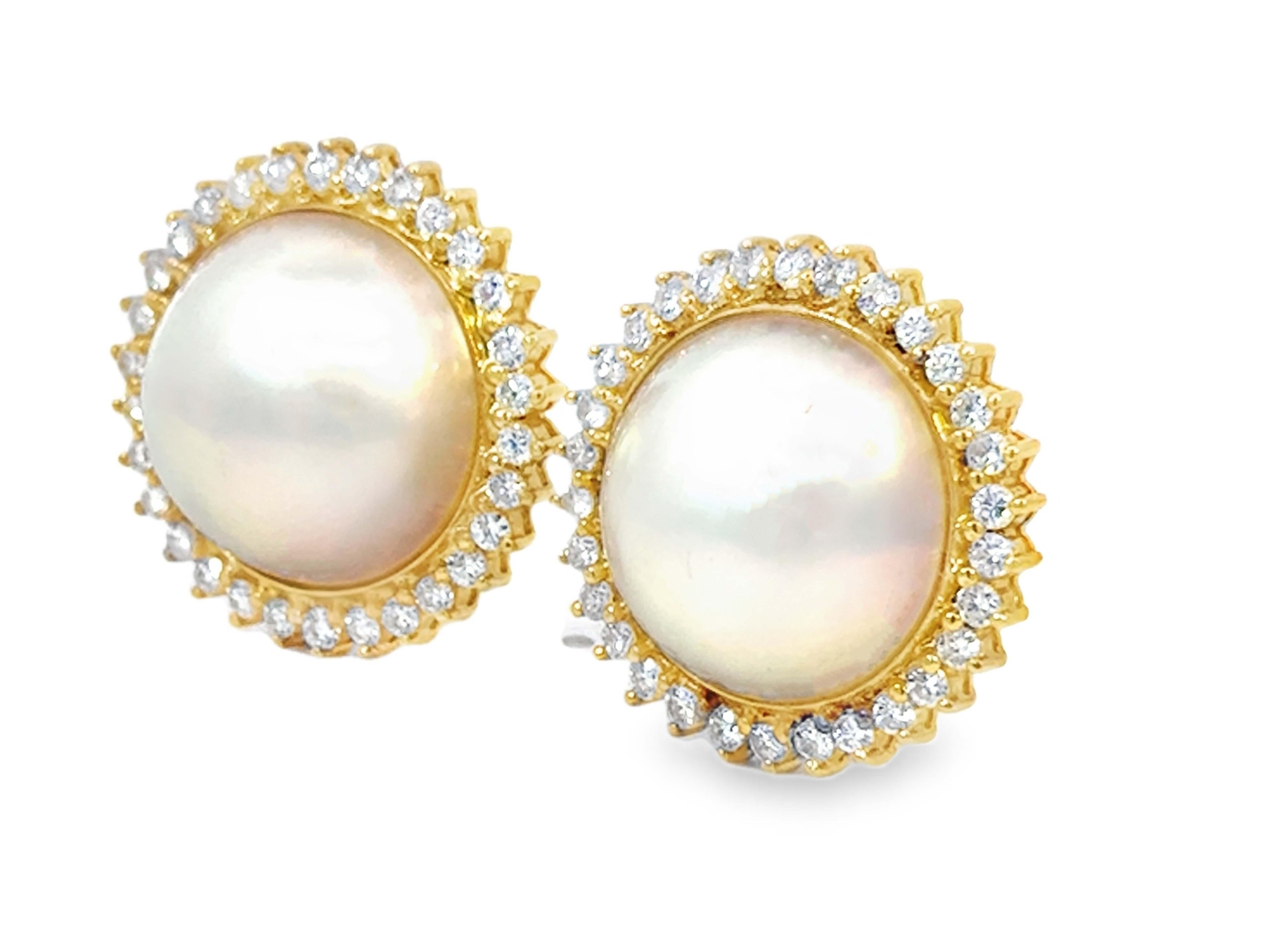 Round Cut Large Mabe Pearl and Diamond Halo Earrings 18K Yellow Gold For Sale