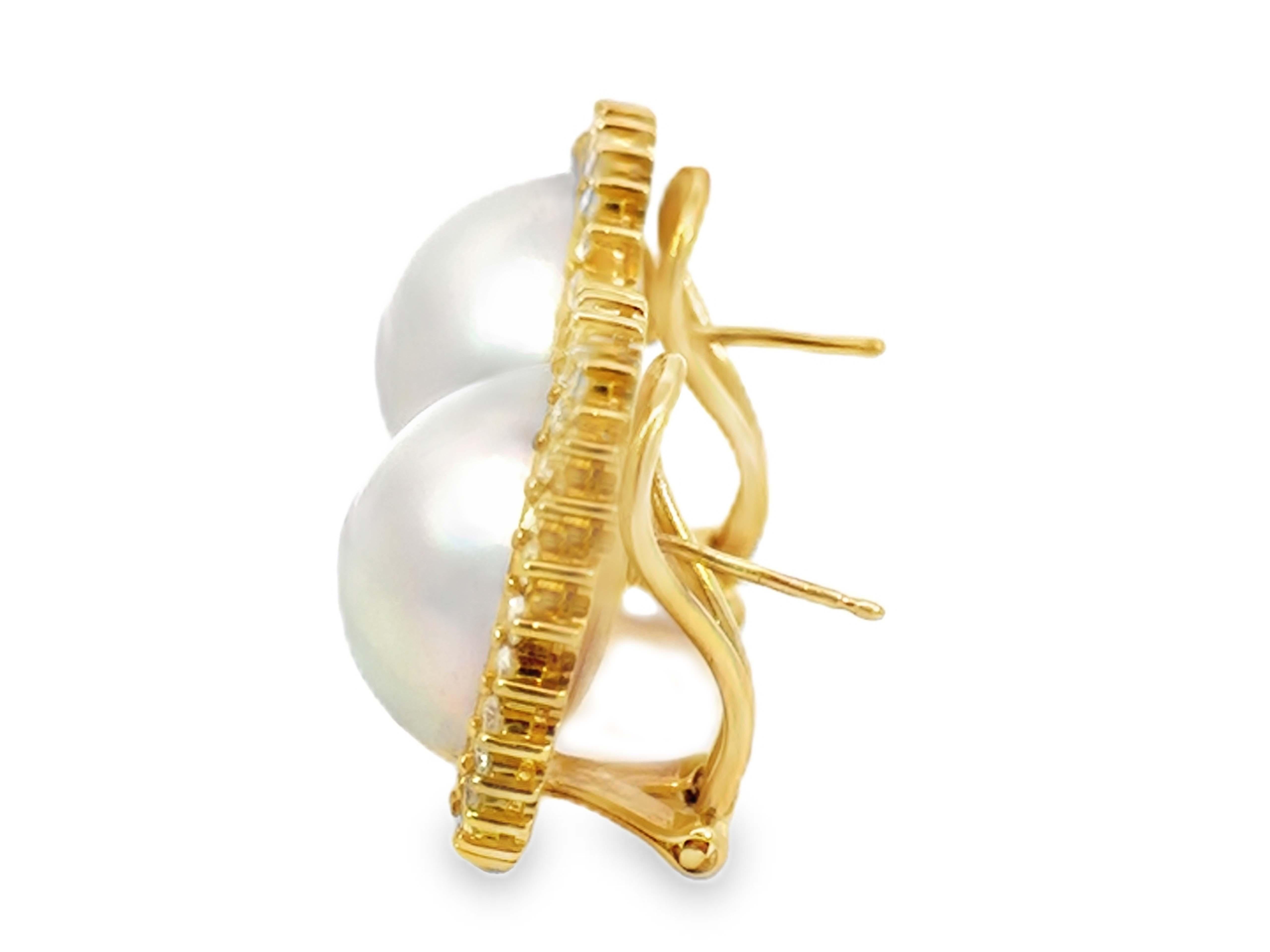 Women's Large Mabe Pearl and Diamond Halo Earrings 18K Yellow Gold For Sale