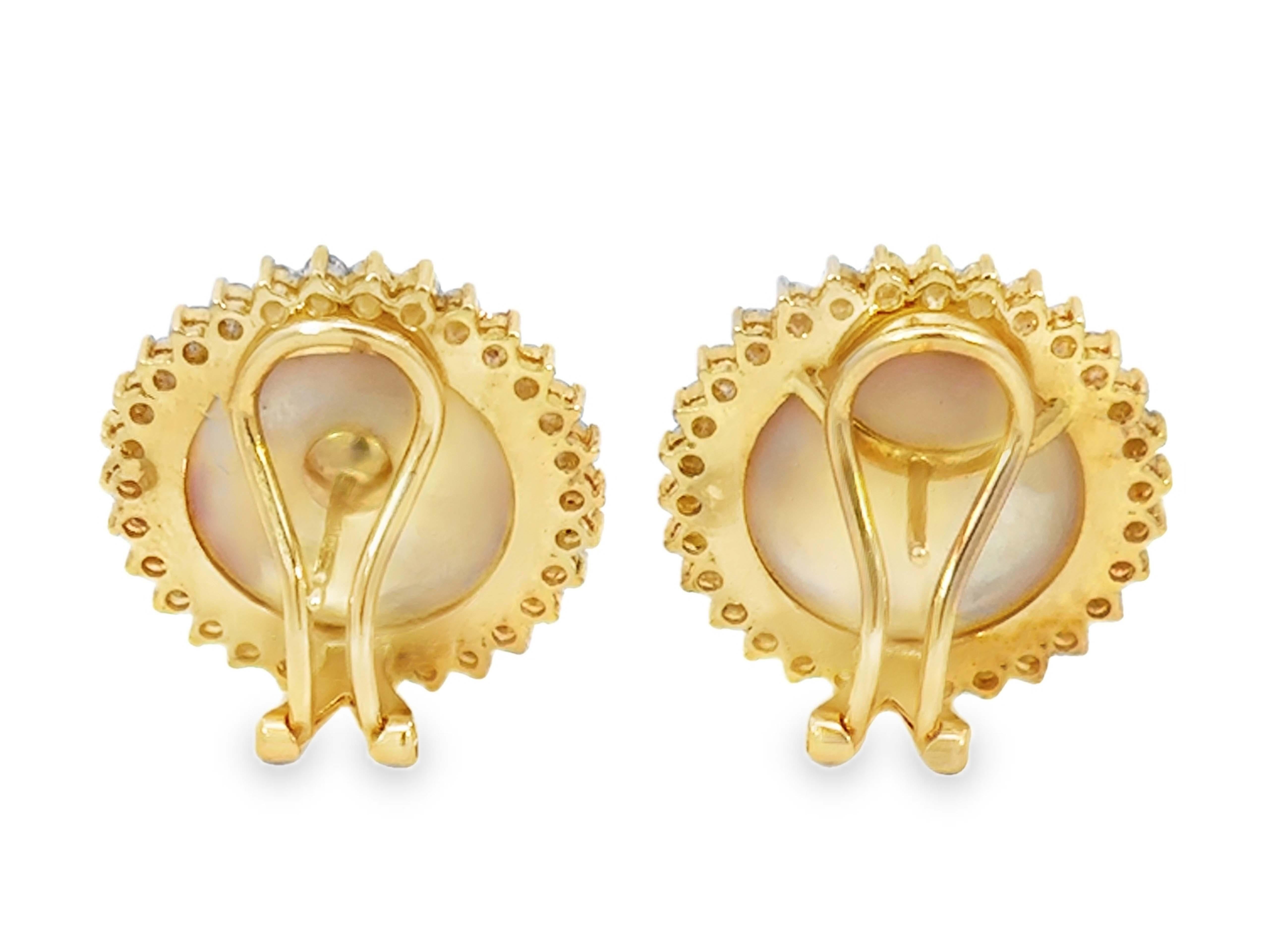 Large Mabe Pearl and Diamond Halo Earrings 18K Yellow Gold For Sale 1