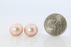 Large Mabe Pearl Earrings. 18k Yellow Gold Stud Pierced Round Mabe.