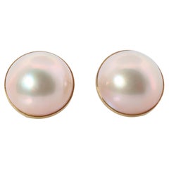 Large Mabe Pearl Earrings. 18k Yellow Gold Stud Pierced Round Mabe.