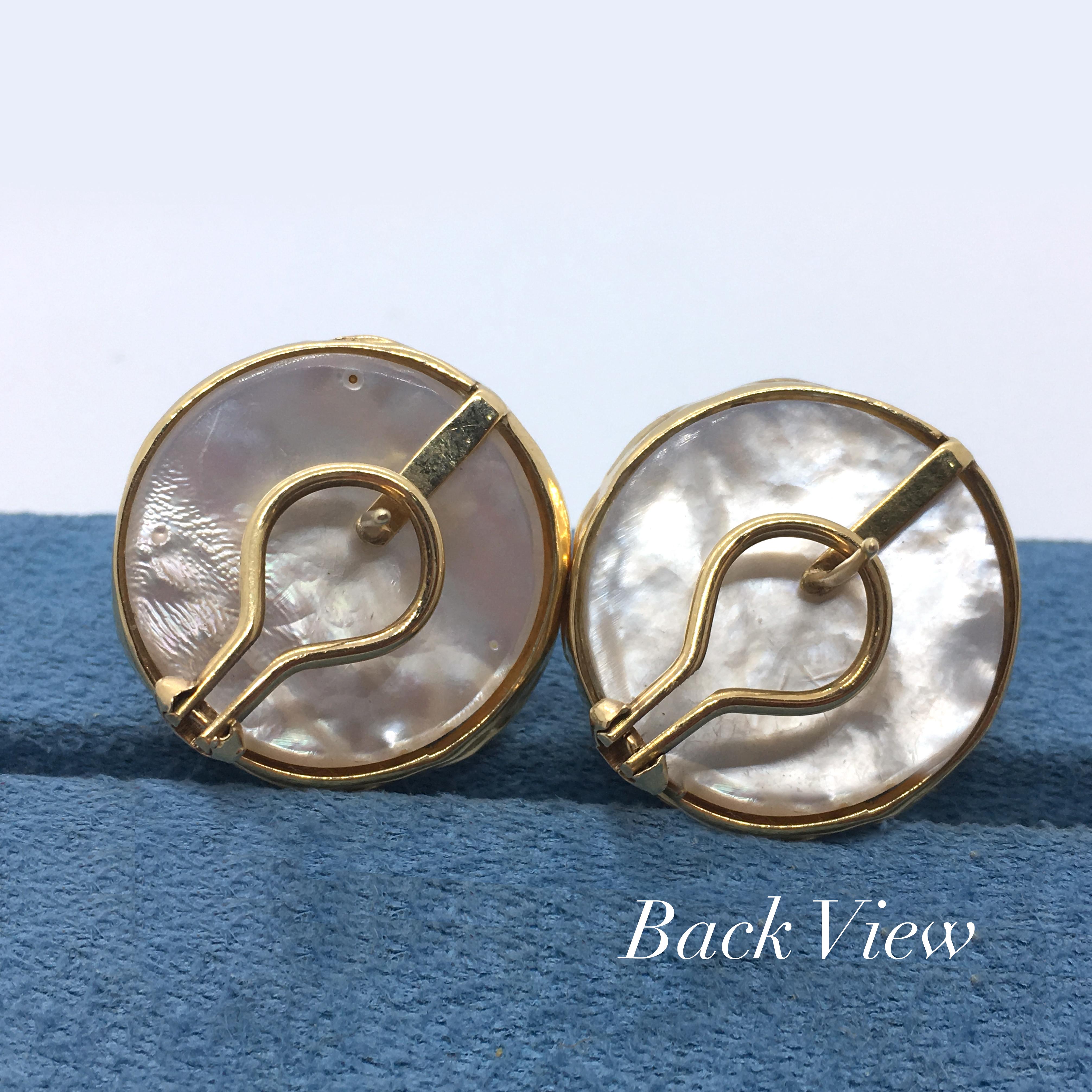 Large Mabe Pearl Post Earrings with Freeform Yellow Gold Frames and Omega Backs For Sale 1