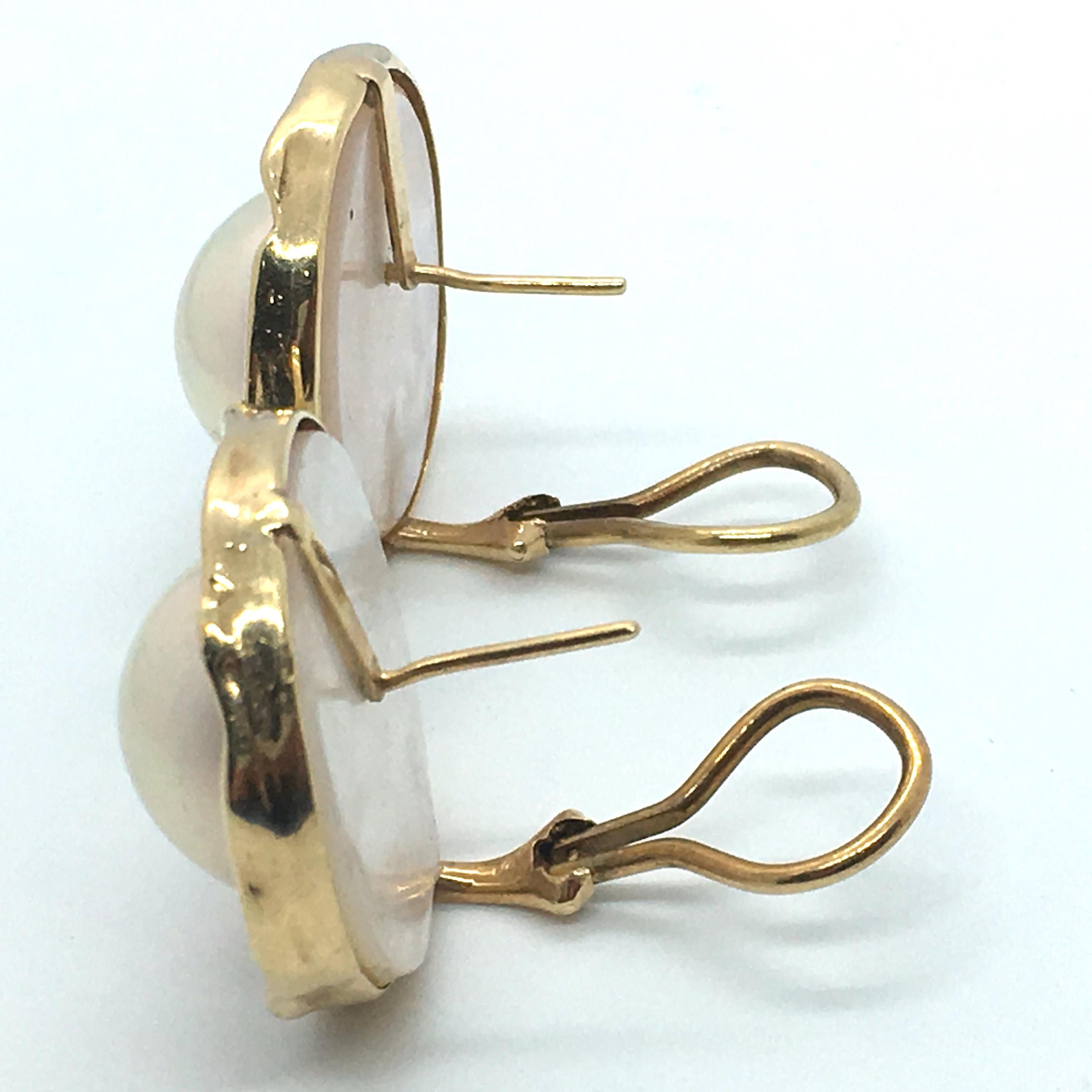 Large Mabe Pearl Post Earrings with Freeform Yellow Gold Frames and Omega Backs For Sale 3