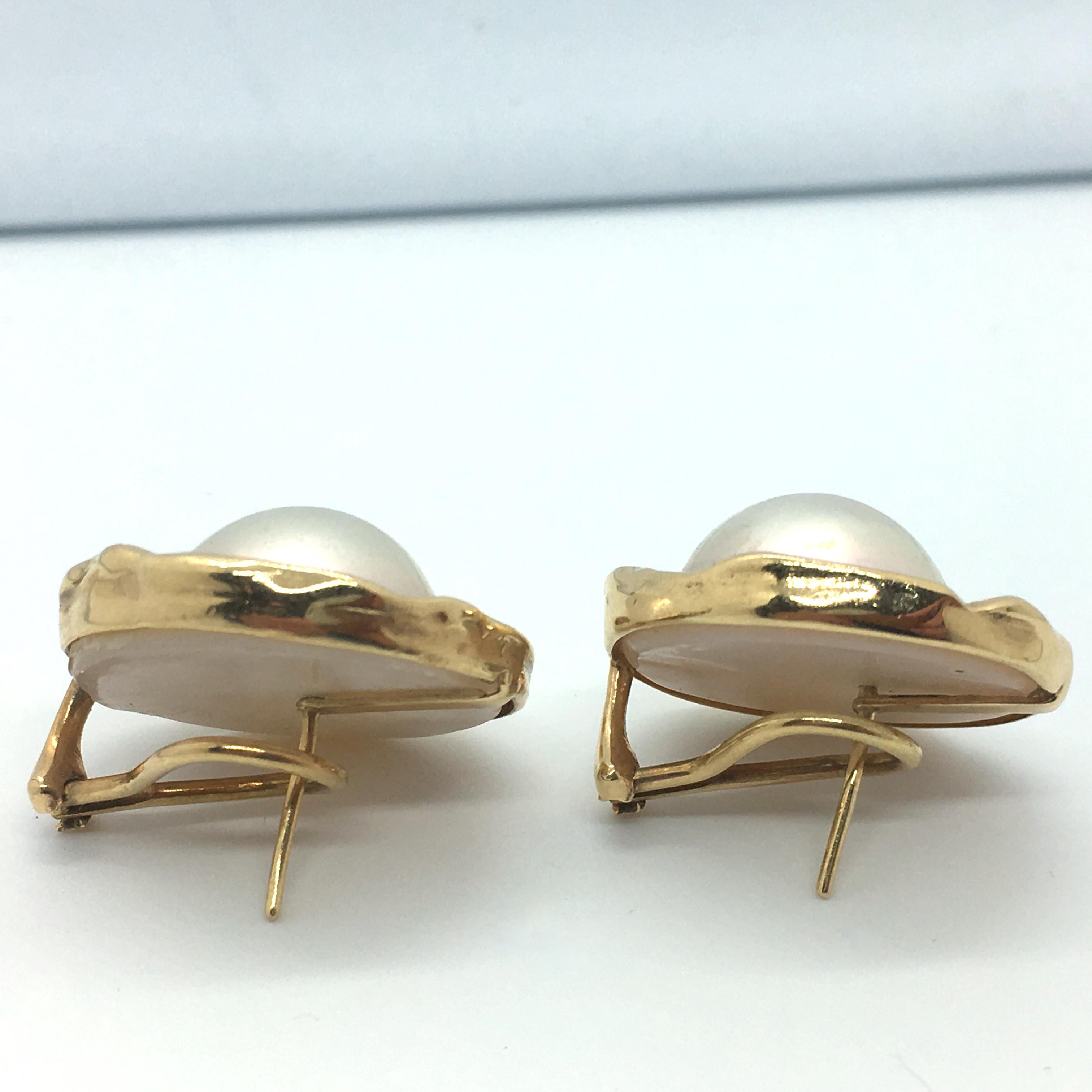 Large Mabe Pearl Post Earrings with Freeform Yellow Gold Frames and Omega Backs For Sale 4