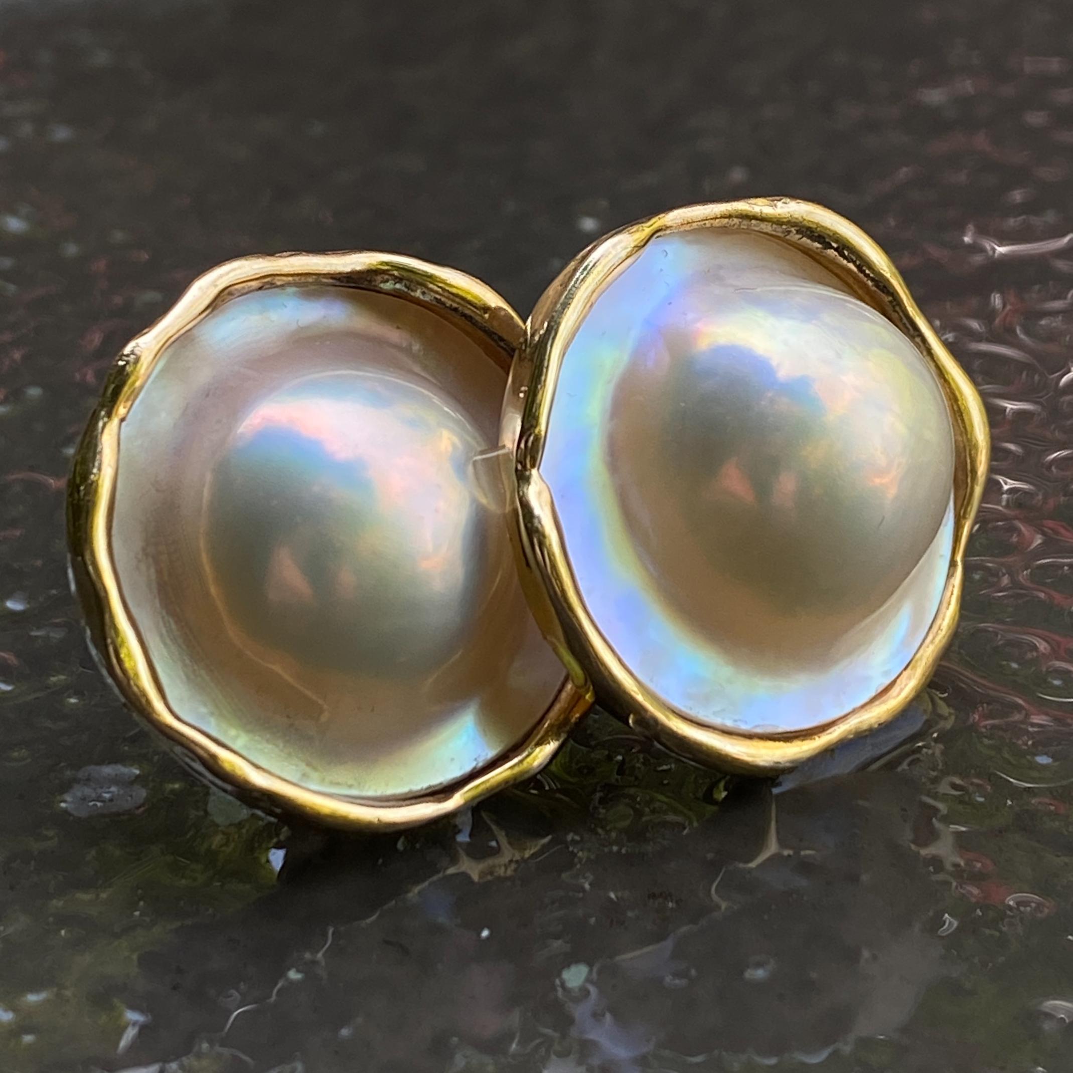 Contemporary Large Mabe Pearl Post Earrings with Freeform Yellow Gold Frames and Omega Backs For Sale