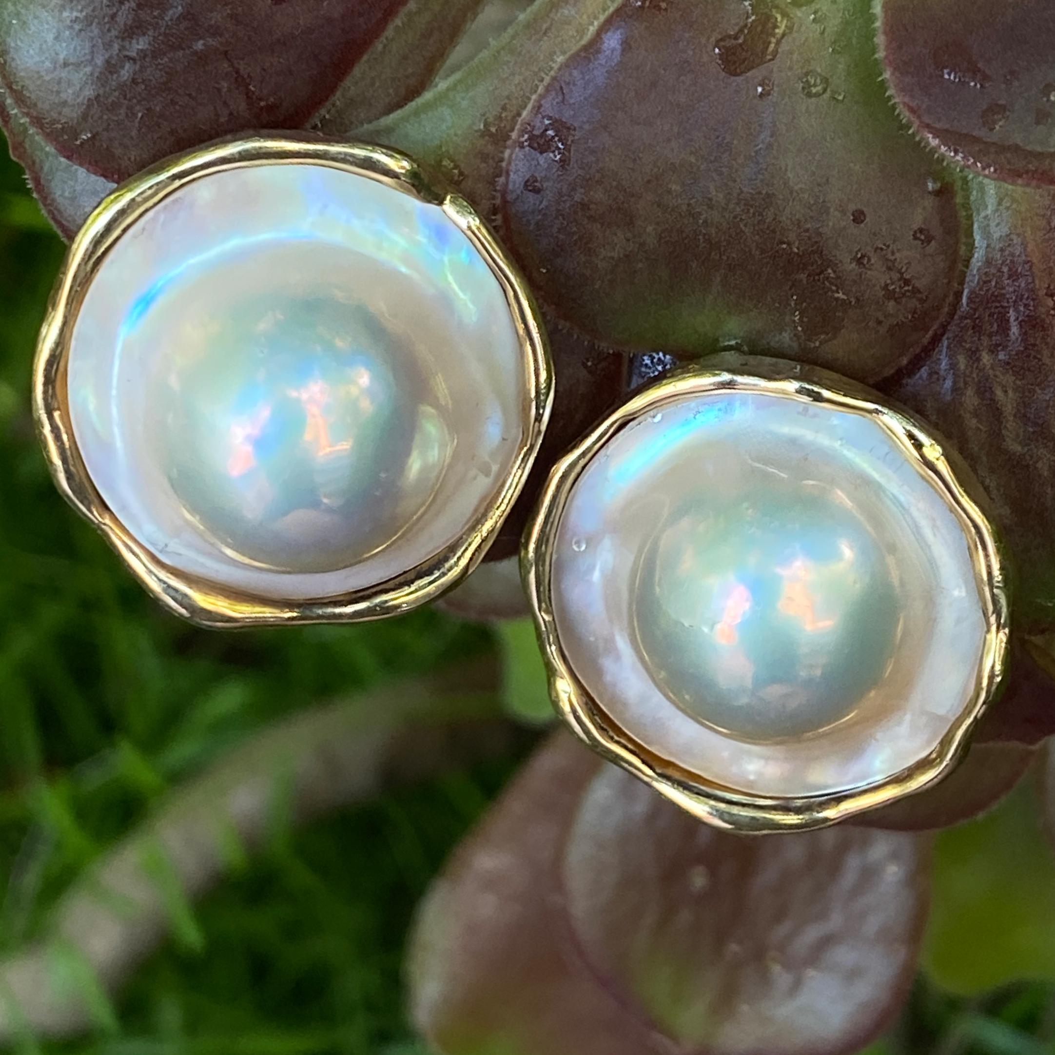 Uncut Large Mabe Pearl Post Earrings with Freeform Yellow Gold Frames and Omega Backs For Sale