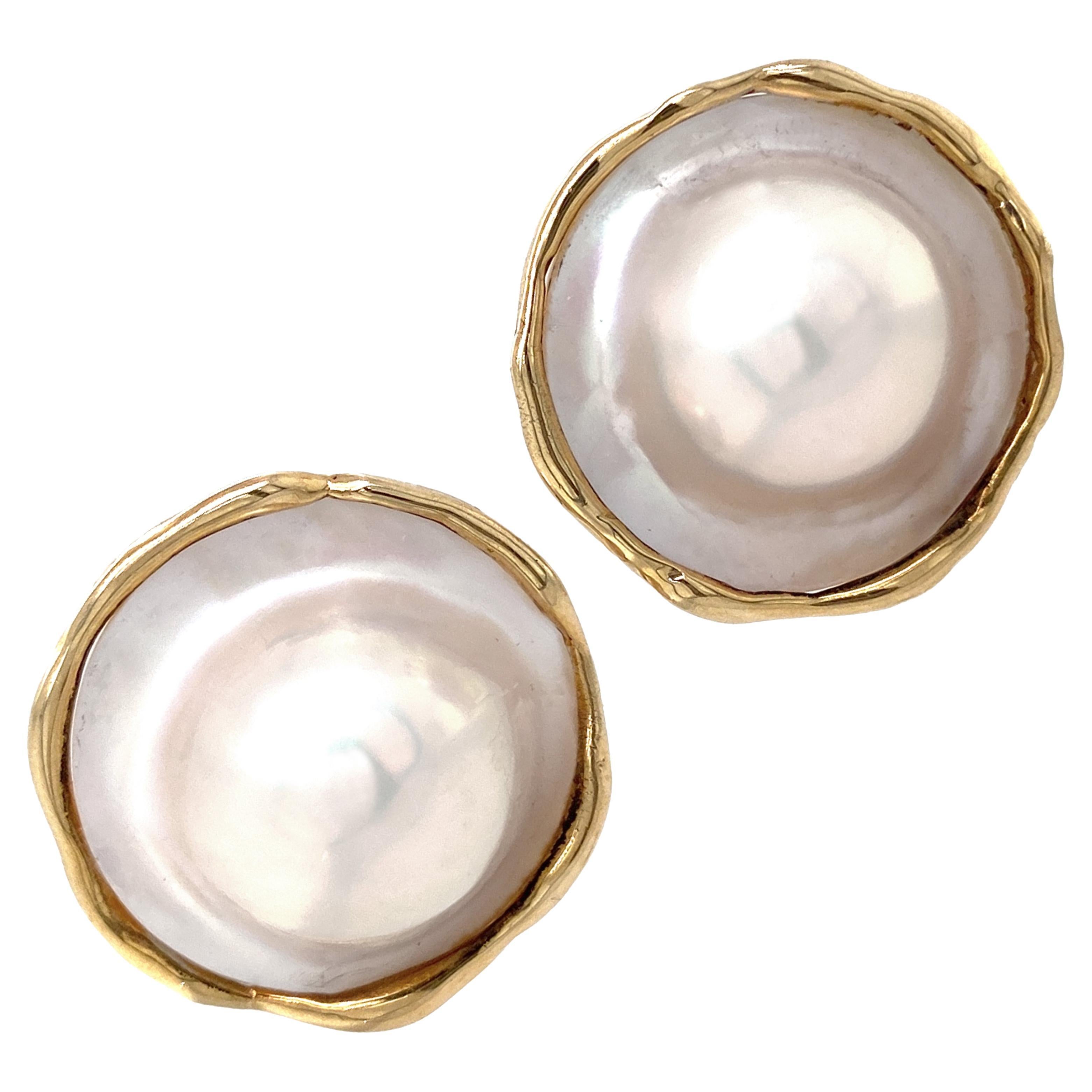 Large Mabe Pearl Post Earrings with Freeform Yellow Gold Frames and Omega Backs