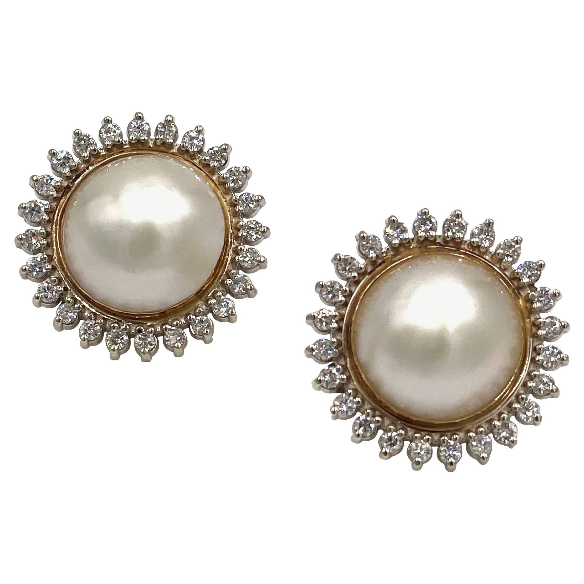 Large Mabe Pearl Studs with Starburst Diamonds 1.39 Carats in 14K Yellow Gold