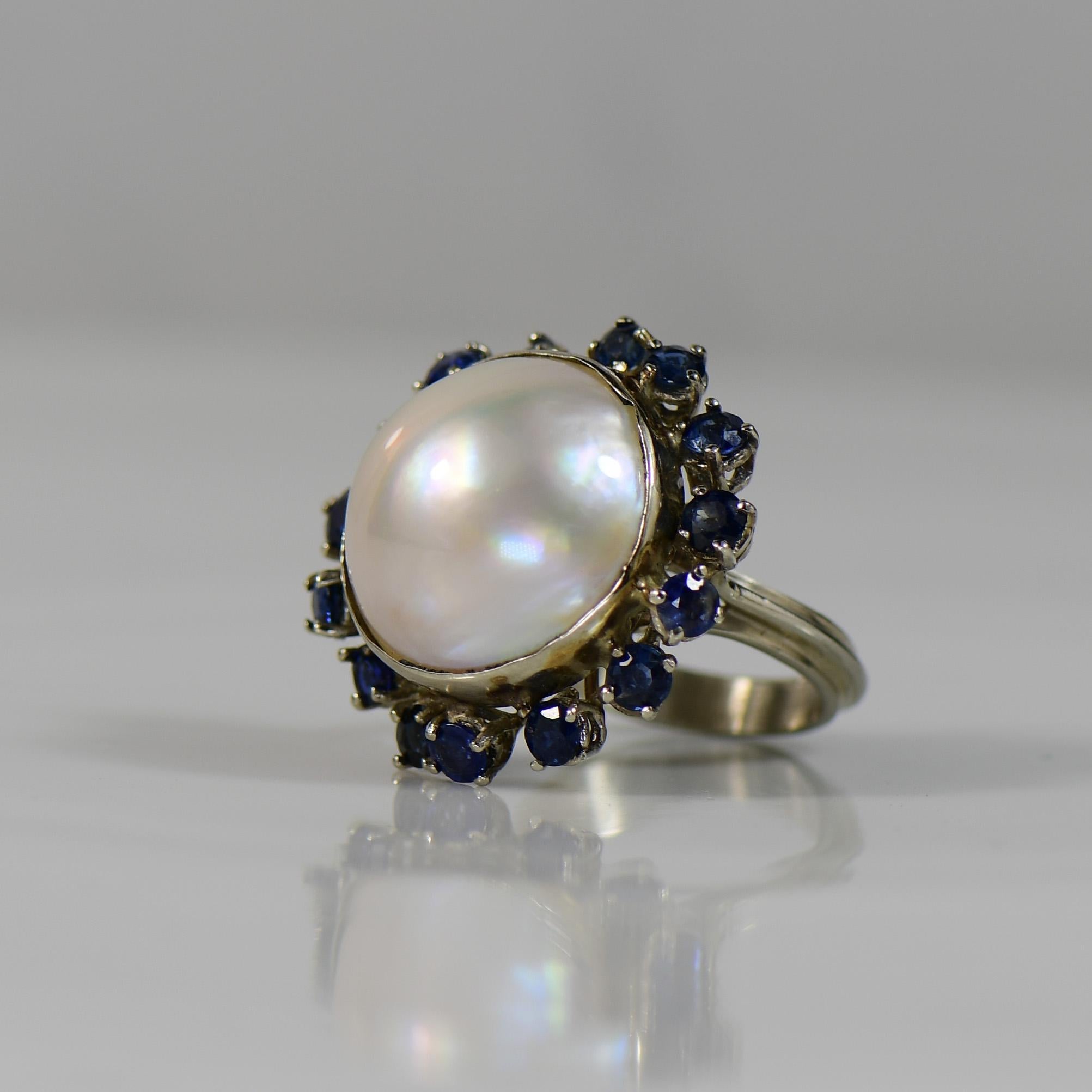 Contemporary Large Mabe Pearl w Sapphires 14K White Gold Cocktail Ring For Sale