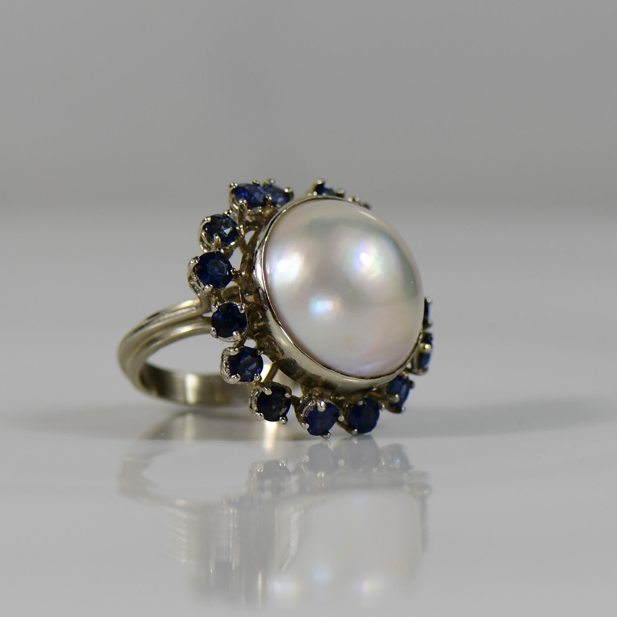 Round Cut Large Mabe Pearl w Sapphires 14K White Gold Cocktail Ring For Sale