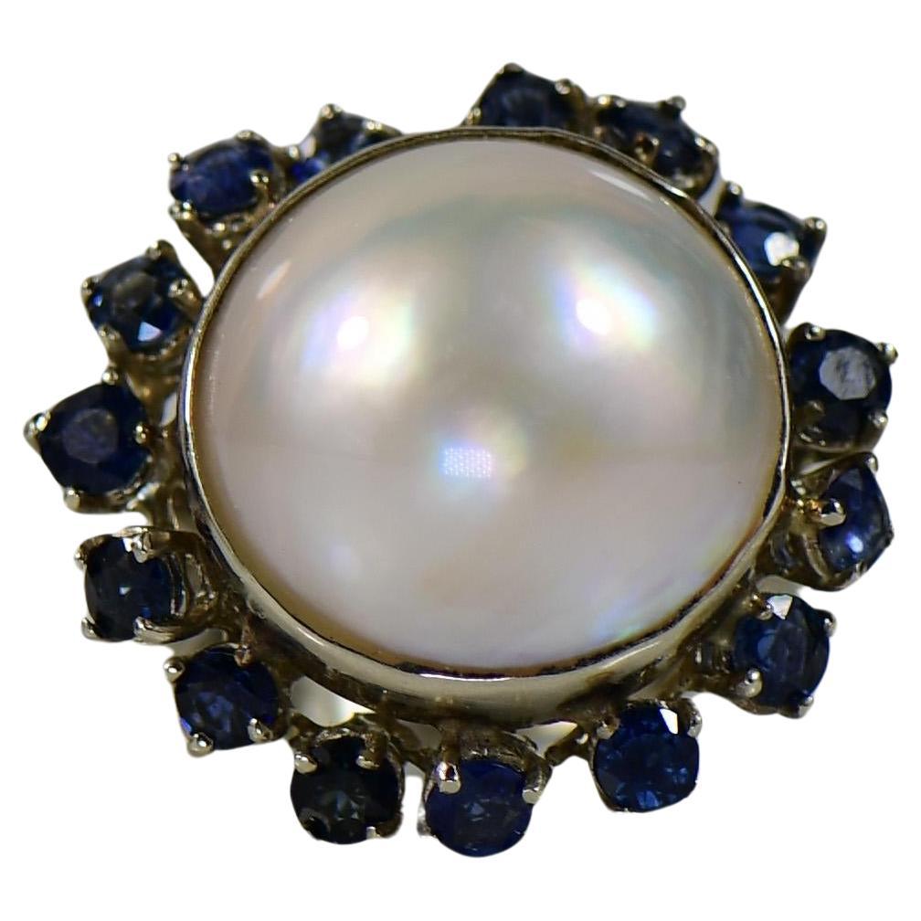 Large Mabe Pearl w Sapphires 14K White Gold Cocktail Ring For Sale