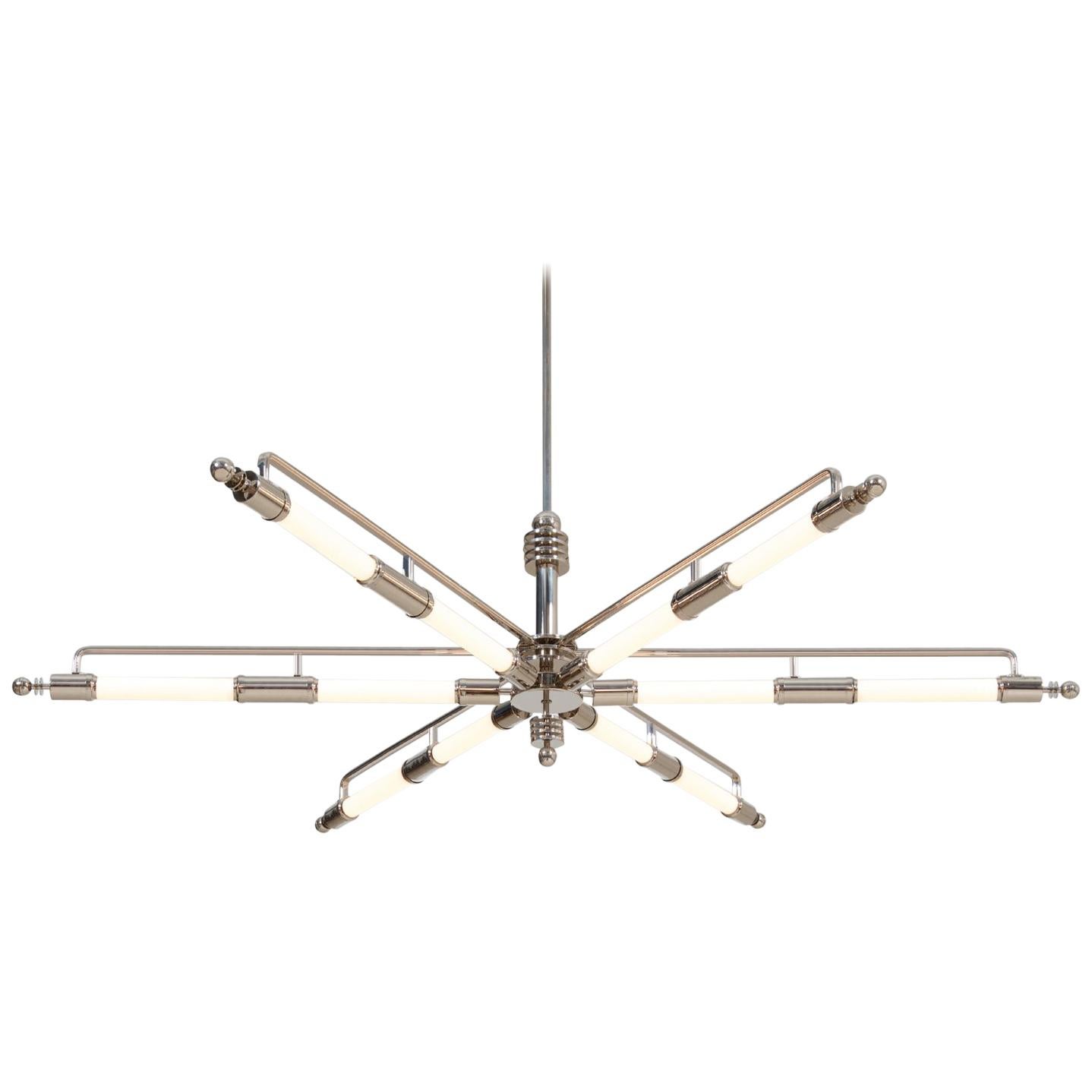 Large Machine Age Chandelier with 6 Arms, Nickel-Plated Brass, Customizable For Sale